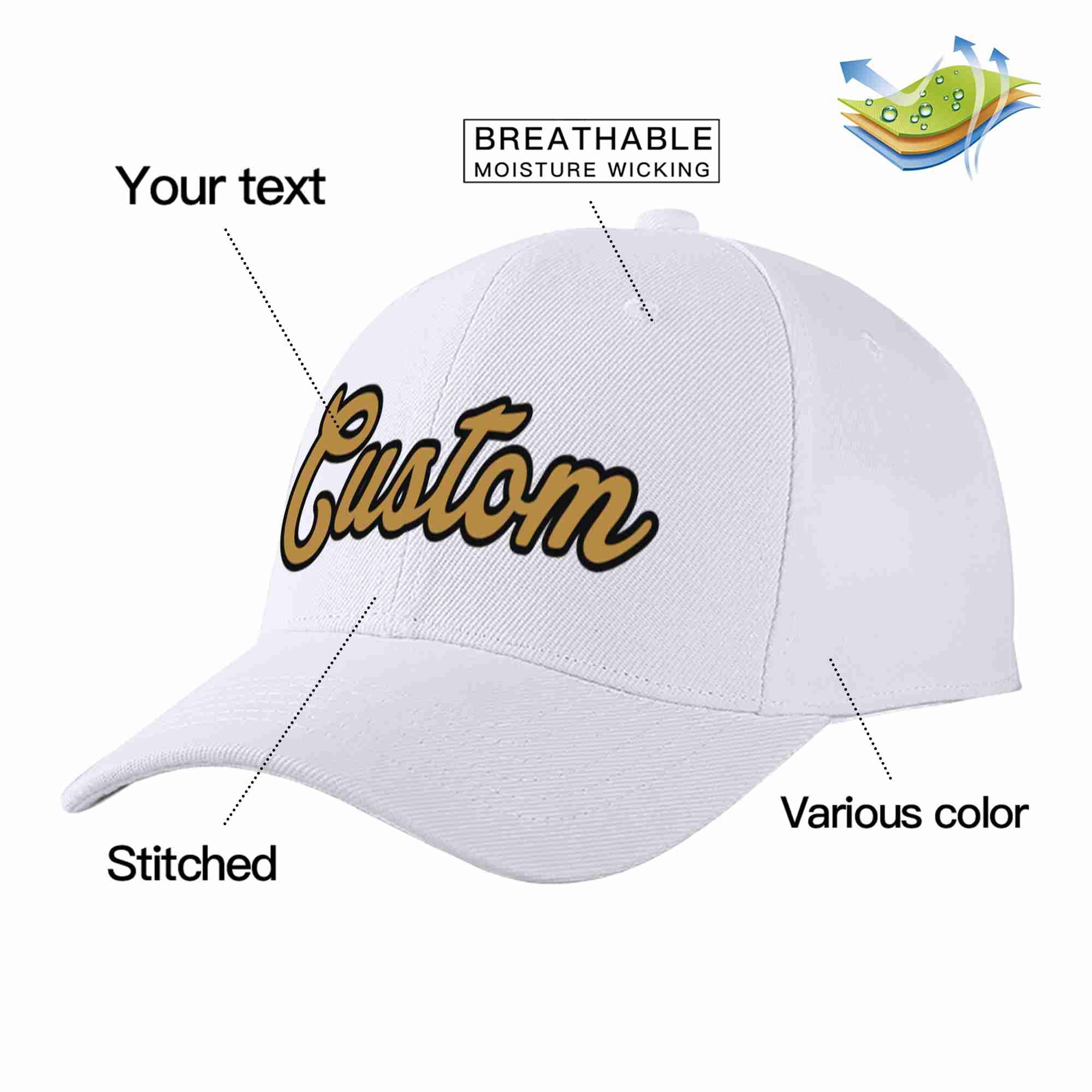 Conception personnalisée de casquette de baseball de sport à avant-toit incurvé blanc vieux or-noir pour hommes/femmes/jeunes