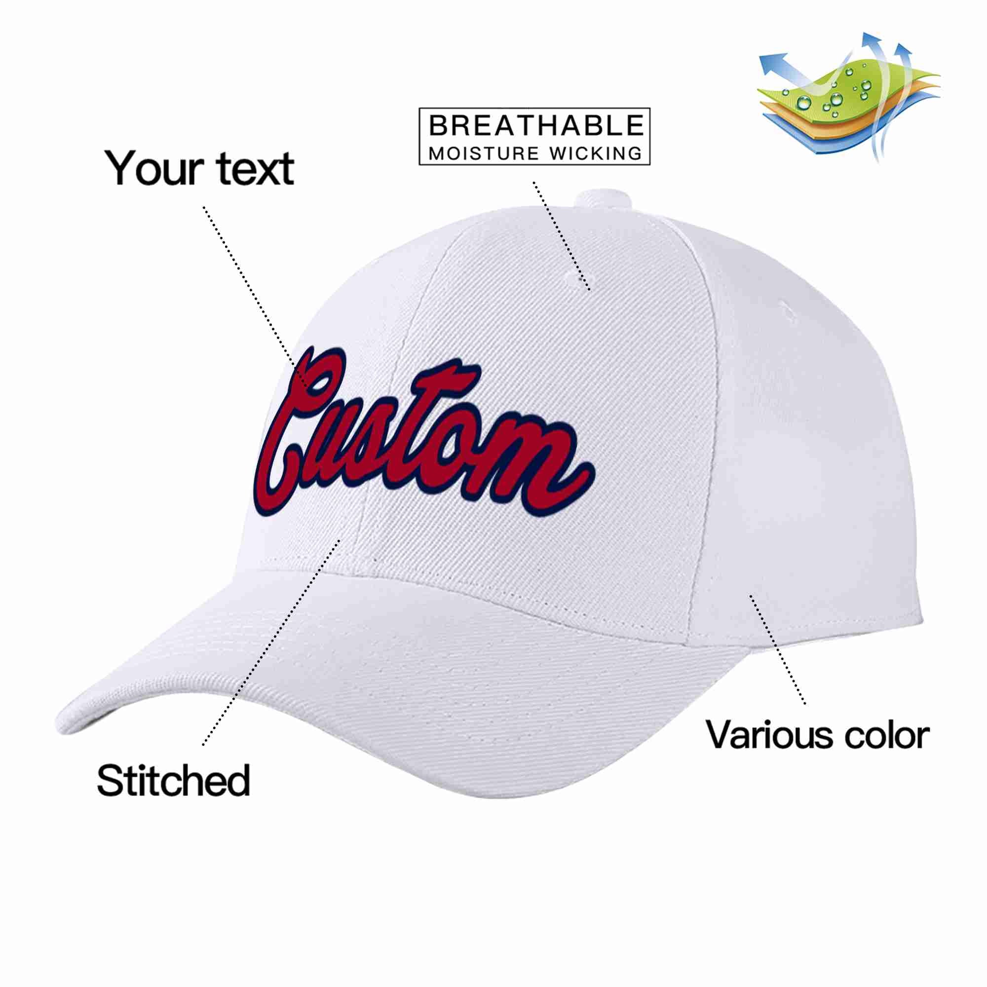 Custom White Red-Navy Curved Eaves Sport Baseball Cap Design for Men/Women/Youth