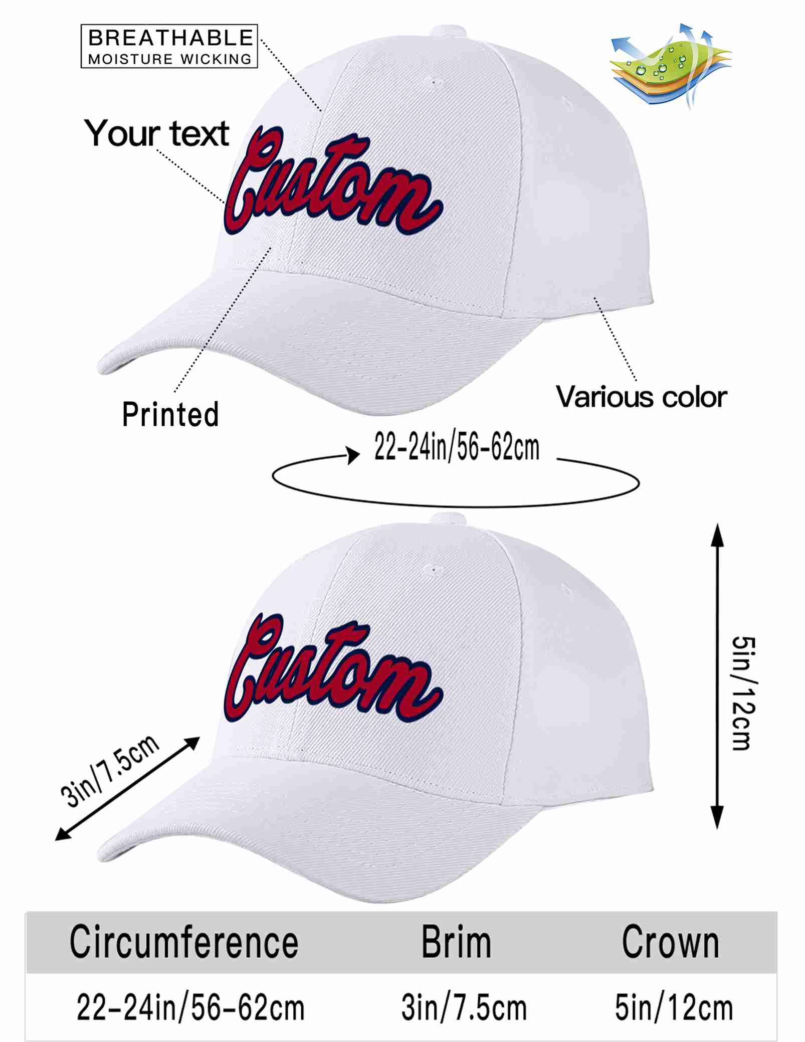 Custom White Red-Navy Curved Eaves Sport Baseball Cap Design for Men/Women/Youth