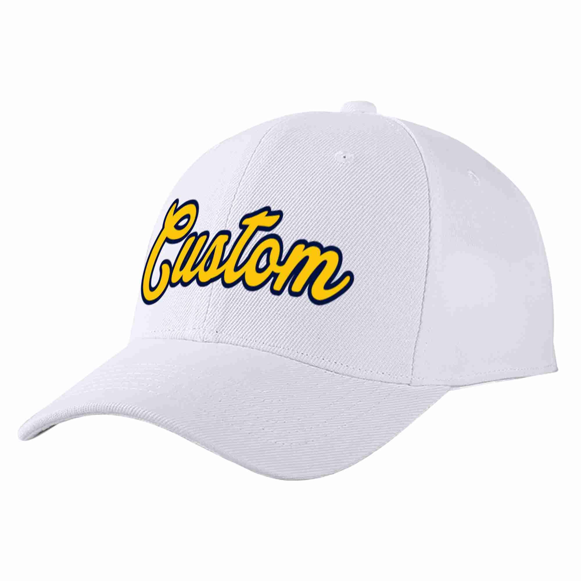 Custom White Yellow-Navy Curved Eaves Sport Baseball Cap Design for Men/Women/Youth