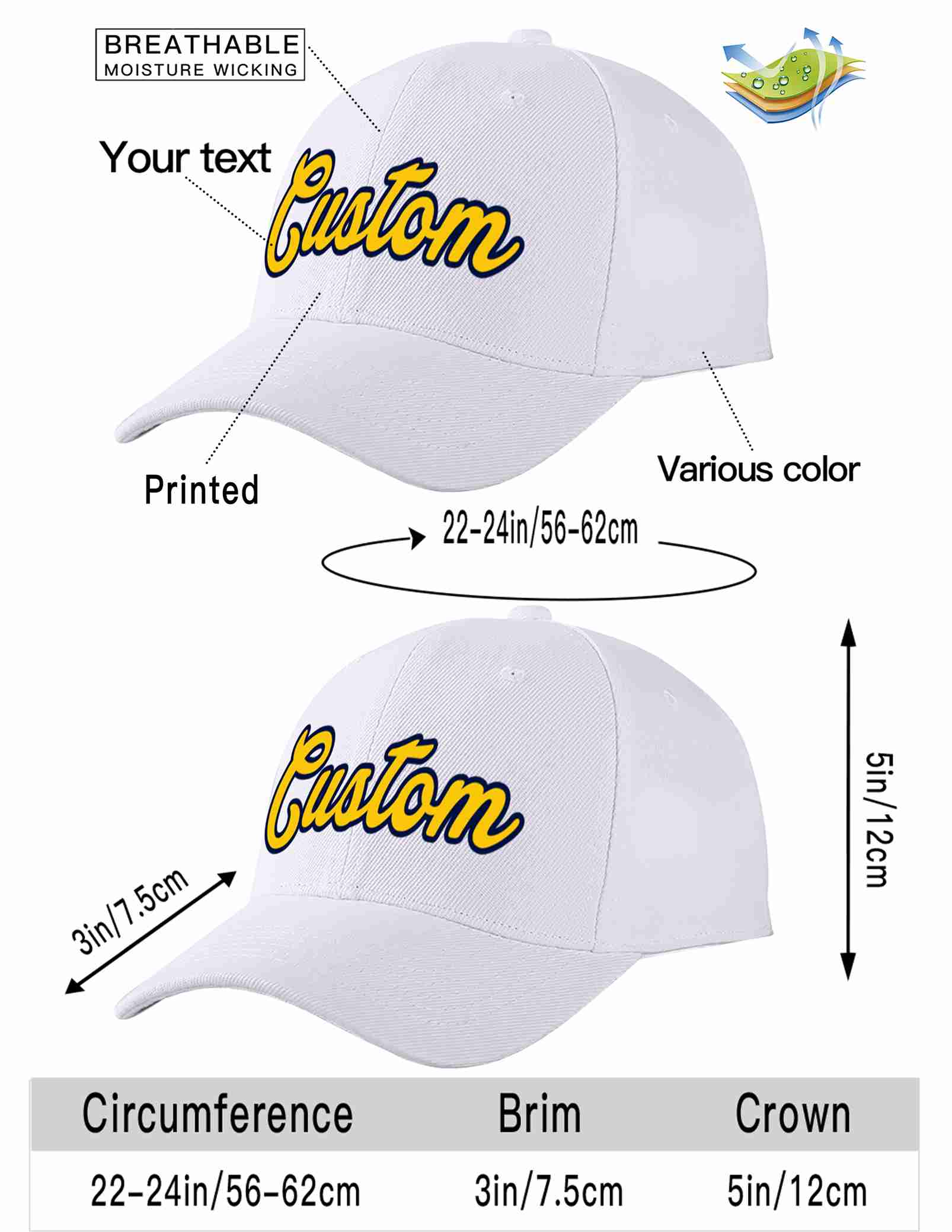 Conception personnalisée de casquette de baseball de sport incurvée blanc jaune-marine pour hommes/femmes/jeunes