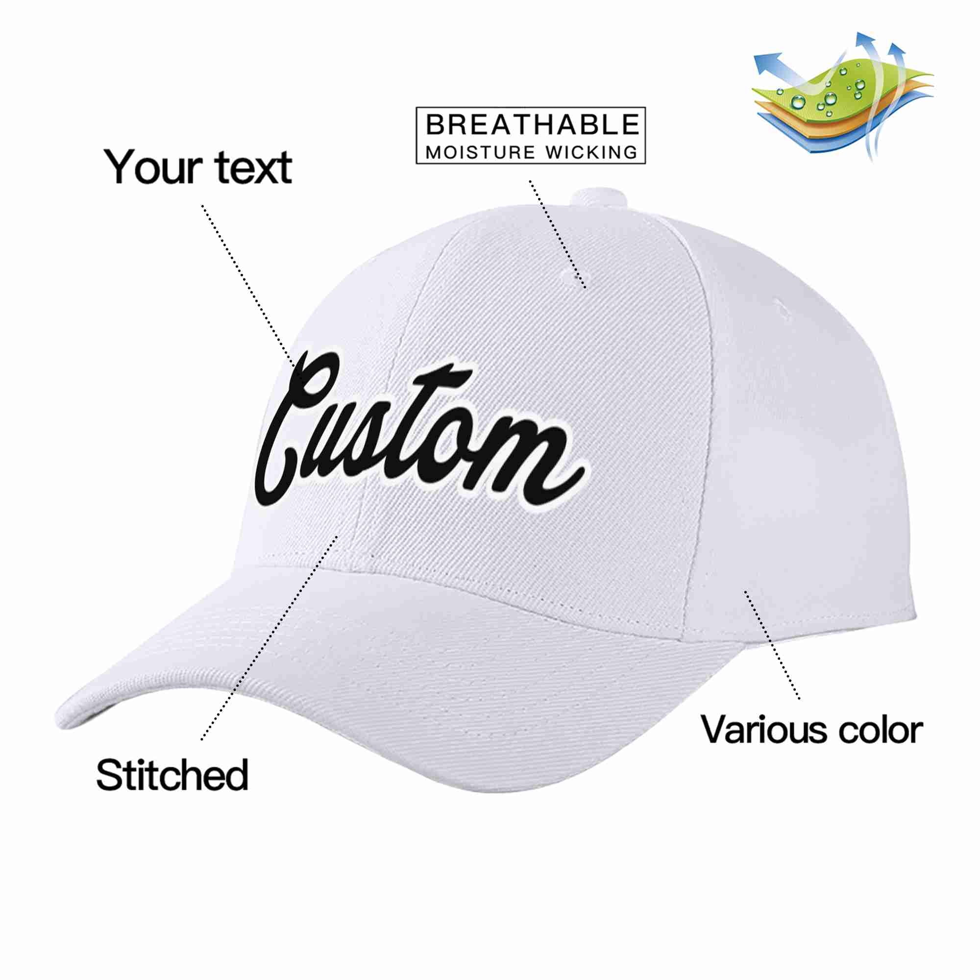 Conception personnalisée de casquette de baseball de sport incurvée blanc noir-blanc pour hommes/femmes/jeunes