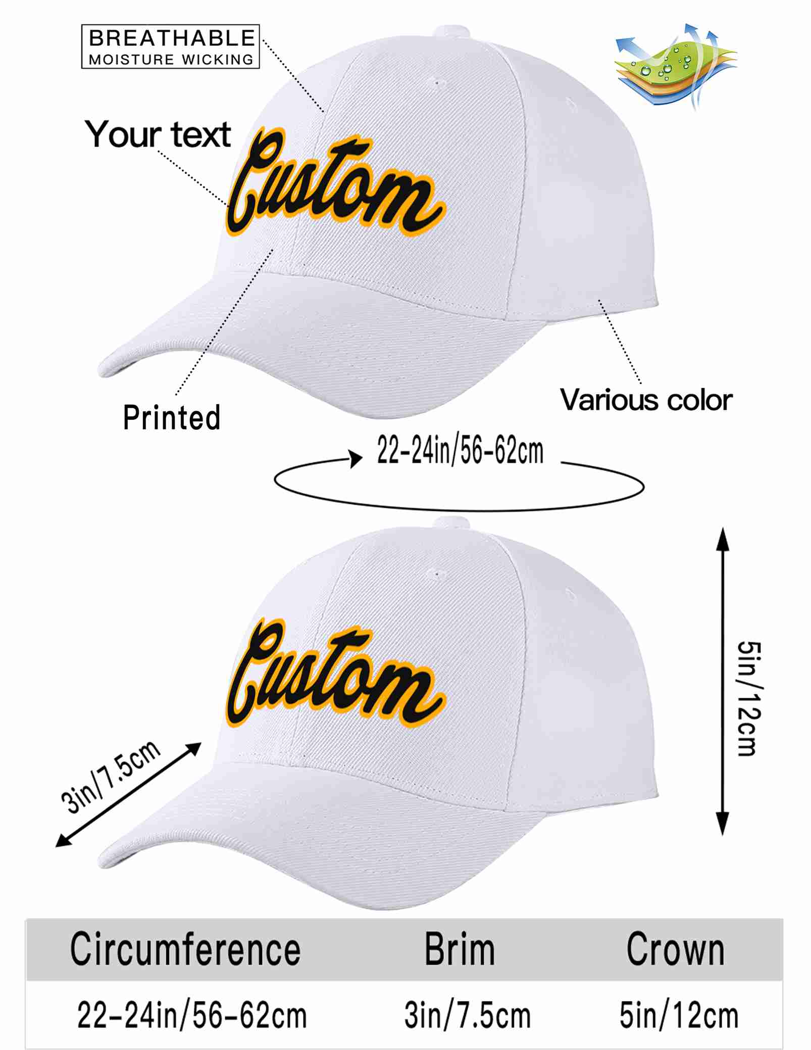 Custom White Black-Yellow Curved Eaves Sport Baseball Cap Design for Men/Women/Youth