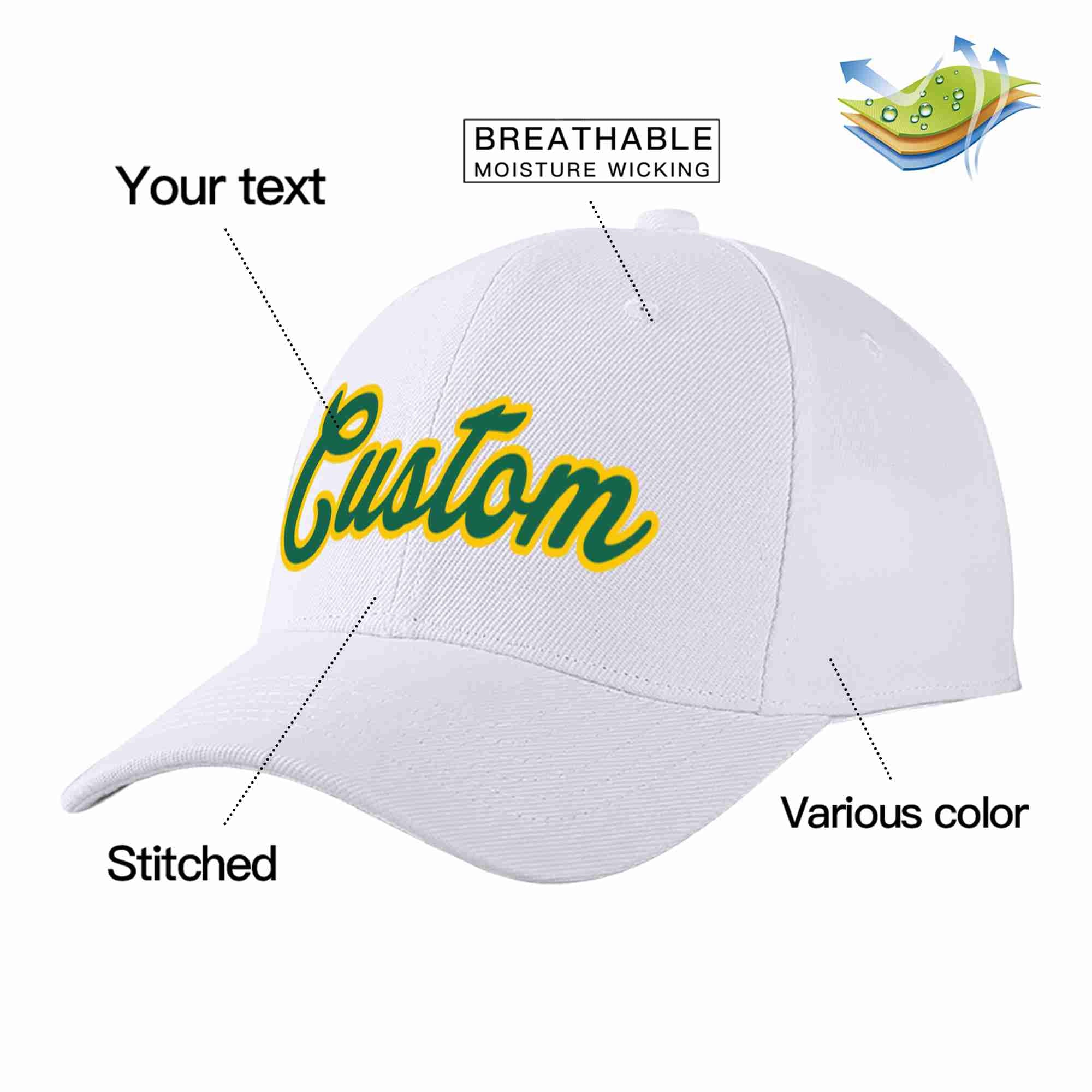 Custom White Kelly Green-Yellow Curved Eaves Sport Baseball Cap Design for Men/Women/Youth