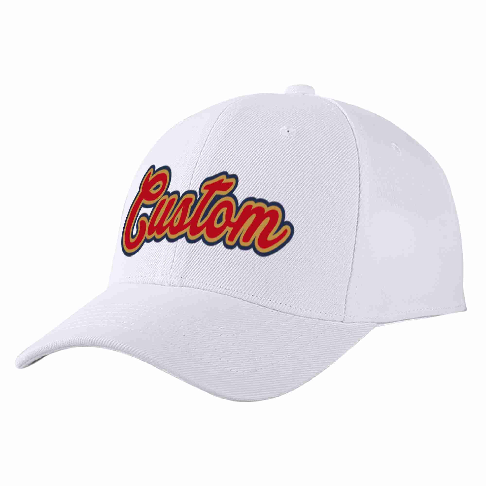 Custom White Red-Old Gold Curved Eaves Sport Baseball Cap Design for Men/Women/Youth