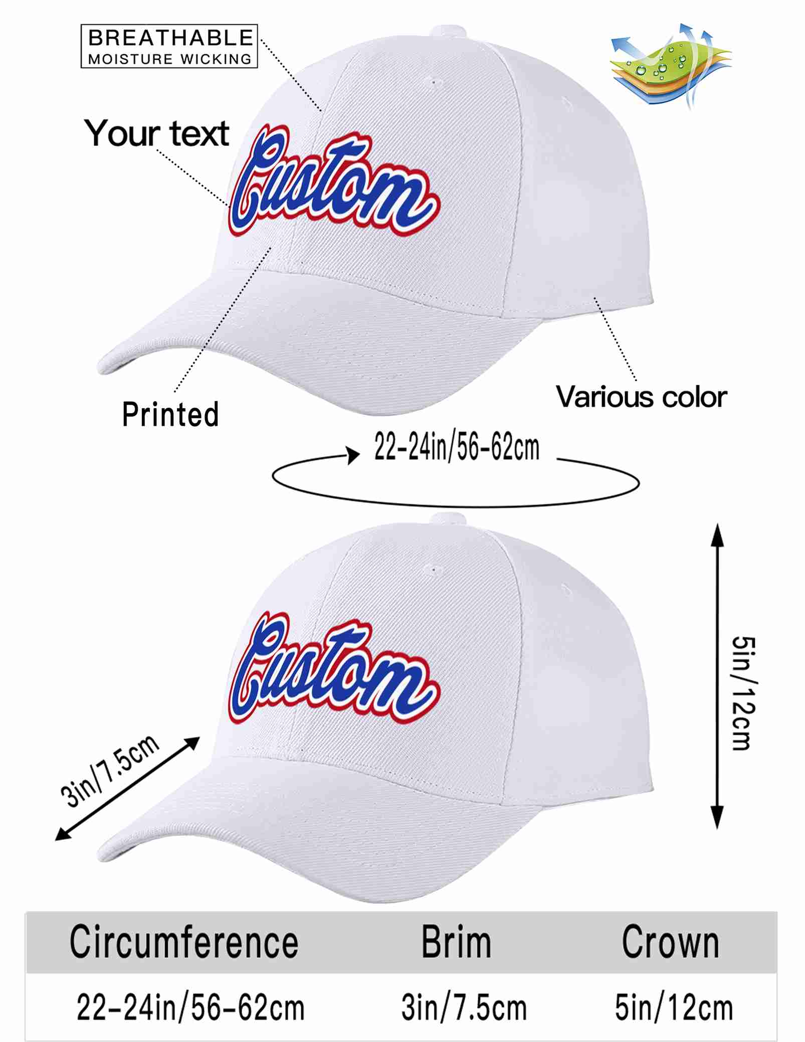 Custom White Royal-White Curved Eaves Sport Baseball Cap Design for Men/Women/Youth