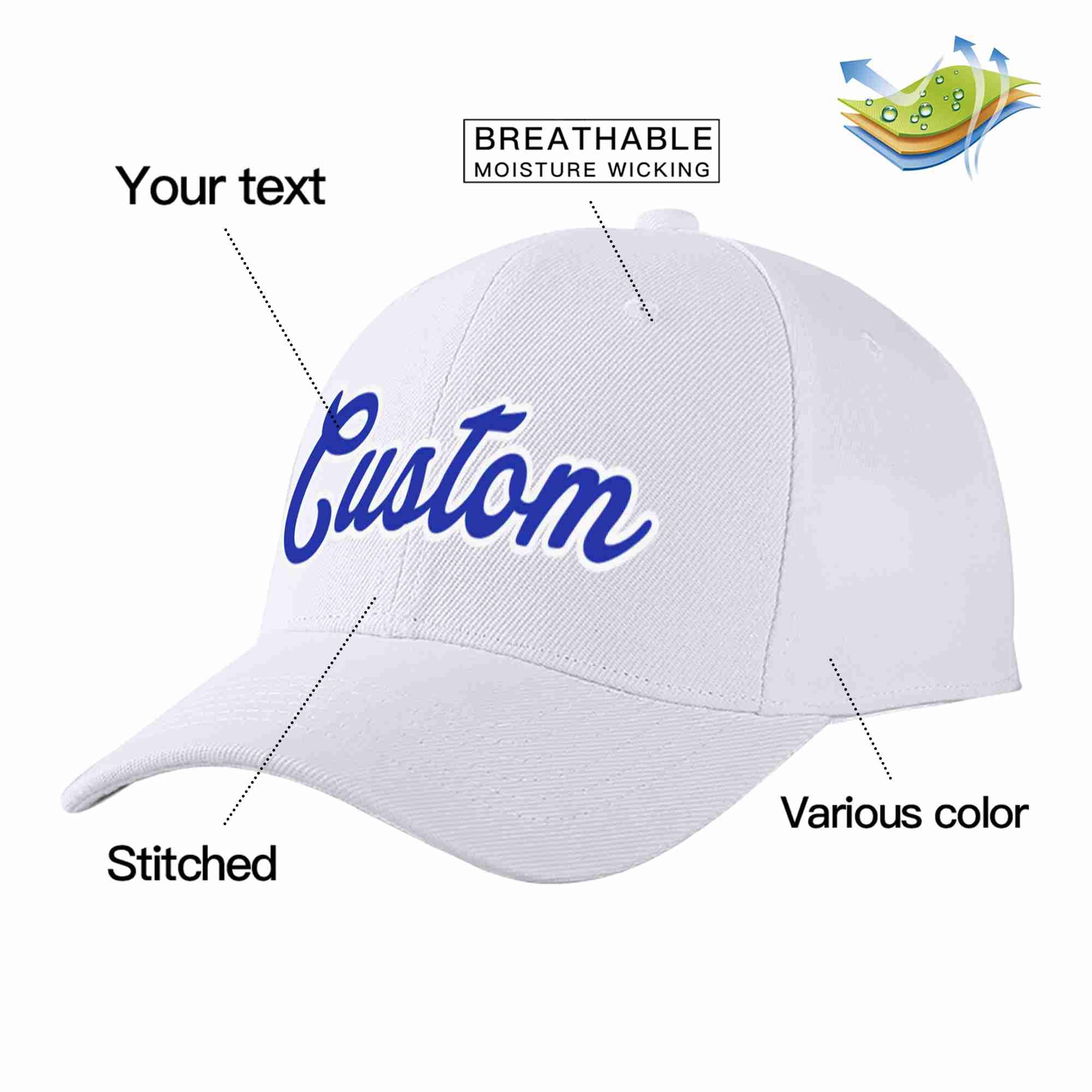 Conception personnalisée de casquette de baseball de sport incurvée blanc royal-blanc pour hommes/femmes/jeunes