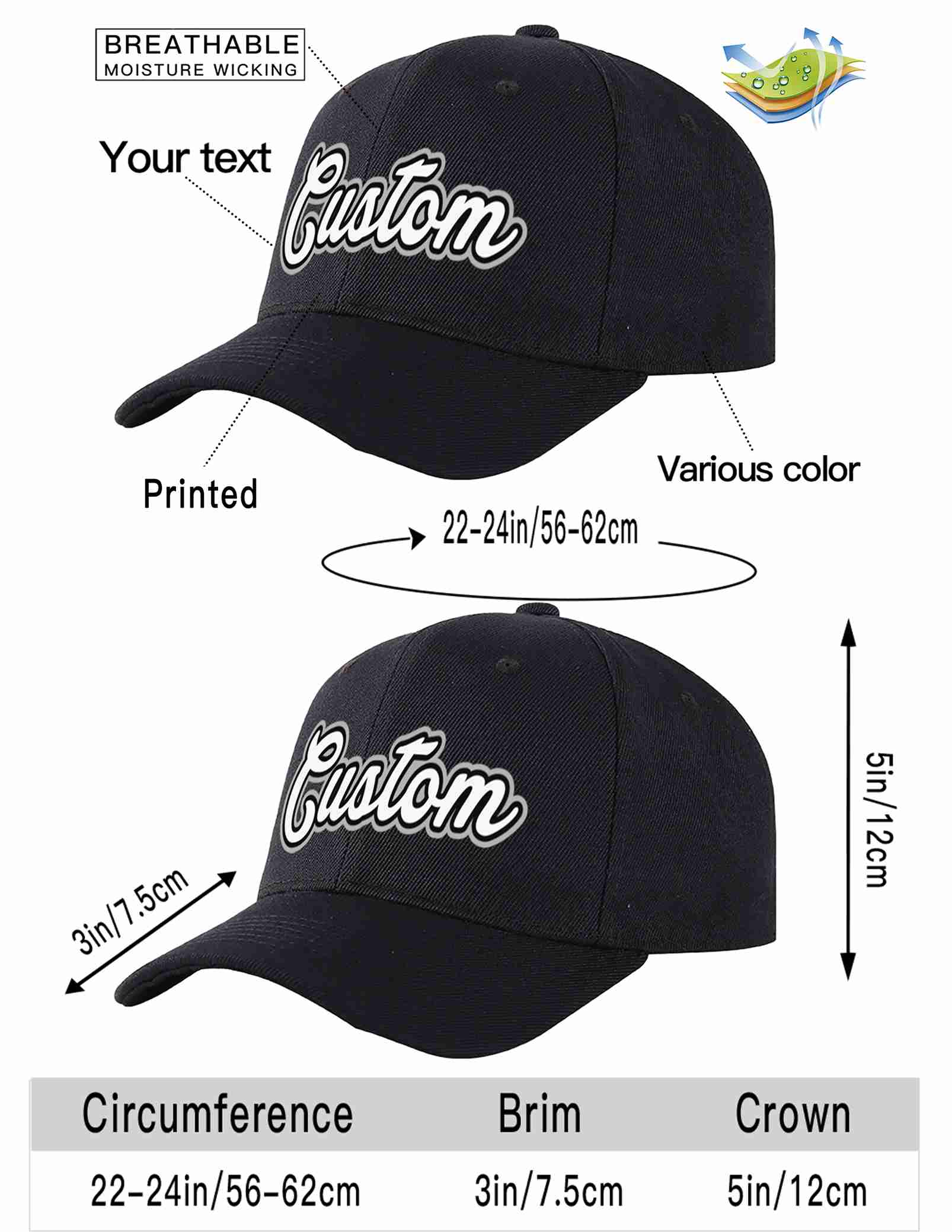 Custom Black White-Black Curved Eaves Sport Baseball Cap Design for Men/Women/Youth