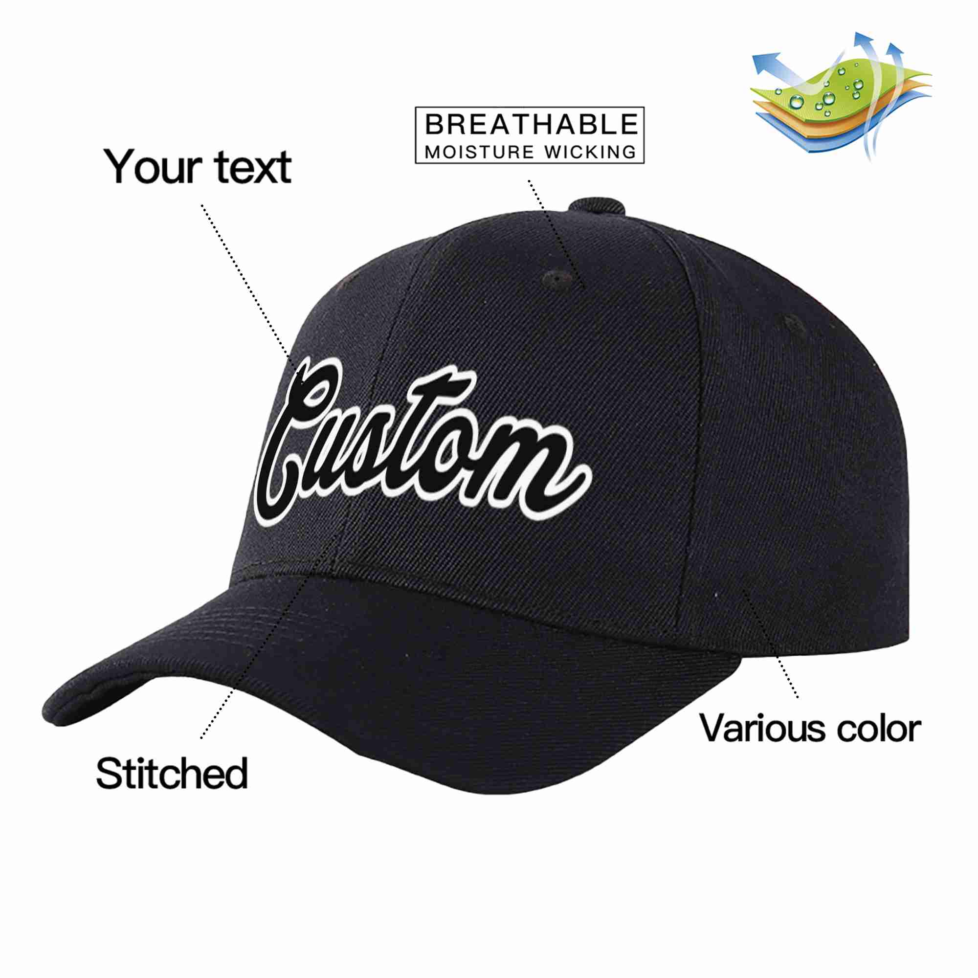 Conception personnalisée de casquette de baseball de sport incurvée noir noir-blanc pour hommes/femmes/jeunes