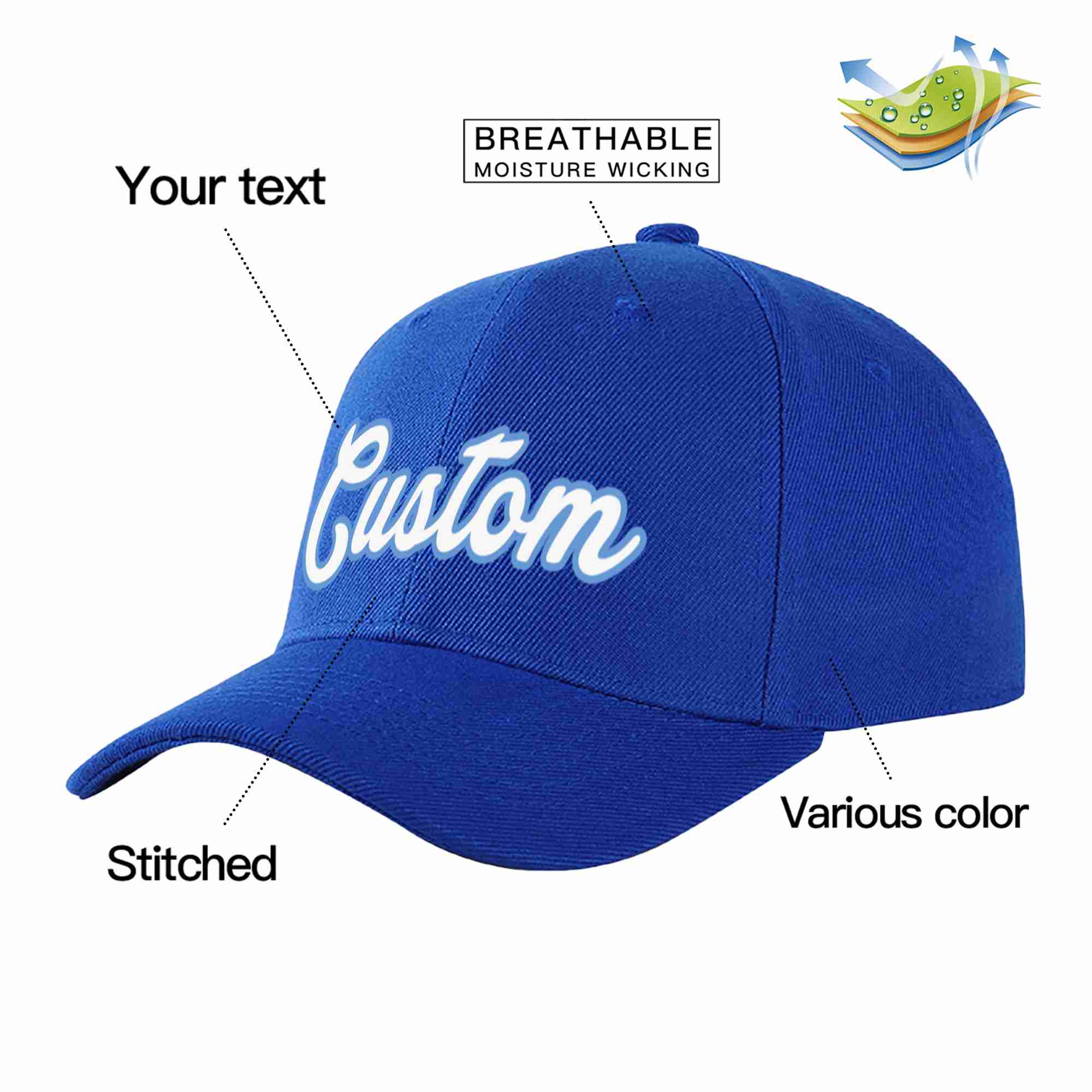 Casquette de baseball de sport incurvée personnalisée, blanc-bleu clair, pour hommes/femmes/jeunes