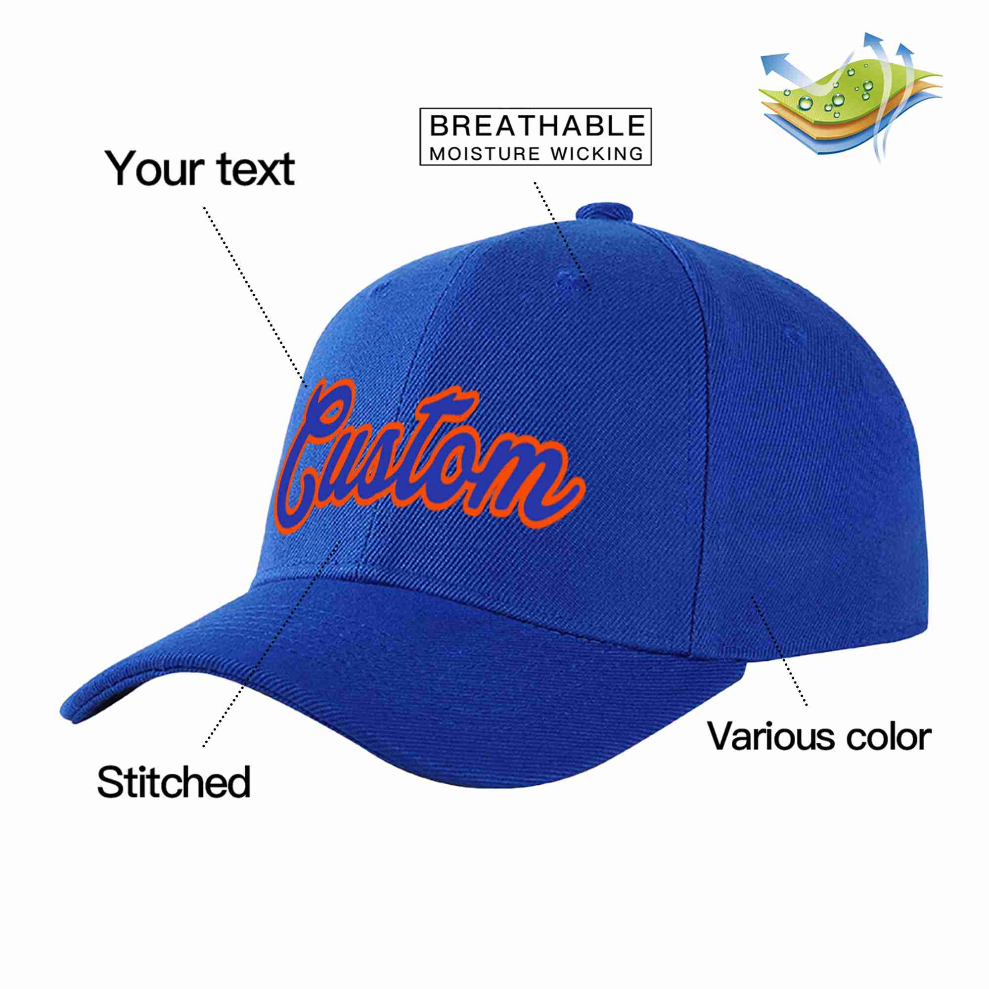 Casquette de baseball personnalisée Royal Royal-Orange Curved Eaves Sport pour hommes/femmes/jeunes