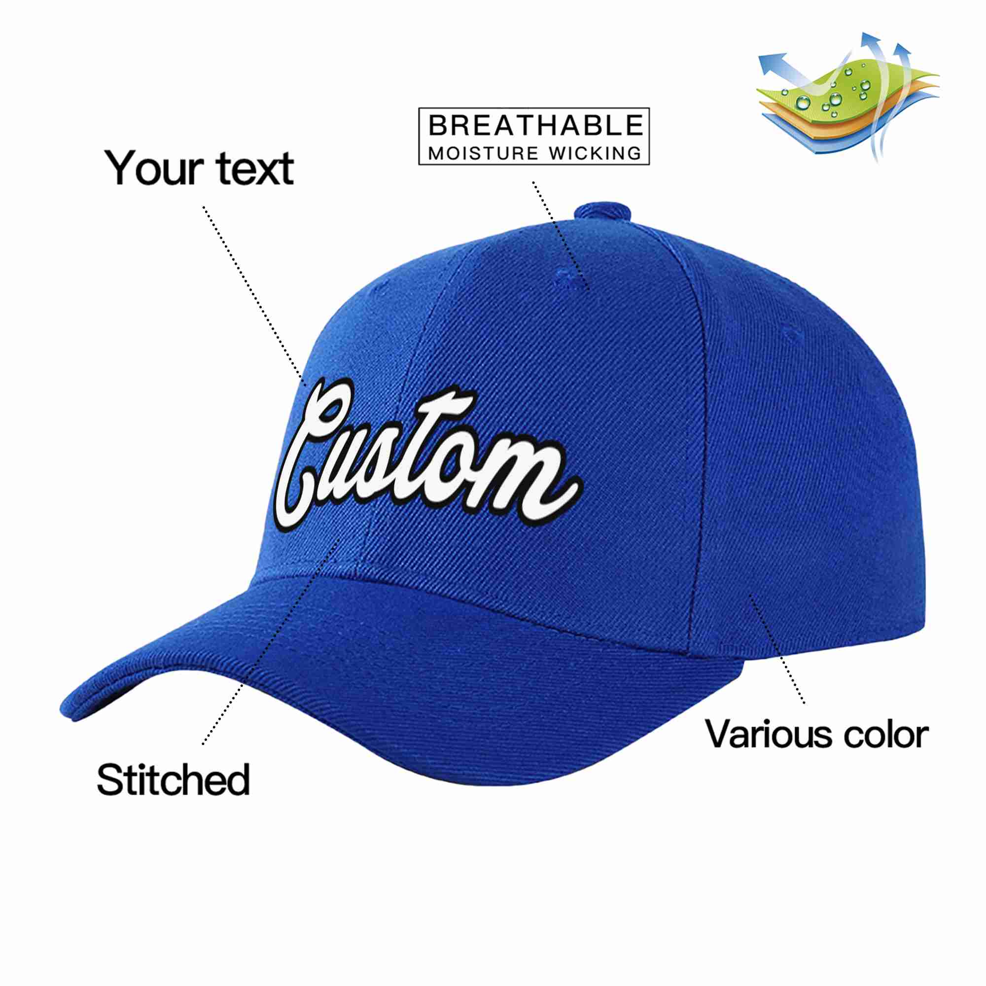 Conception personnalisée de casquette de baseball de sport incurvée Eaves blanc-noir royal pour hommes/femmes/jeunes