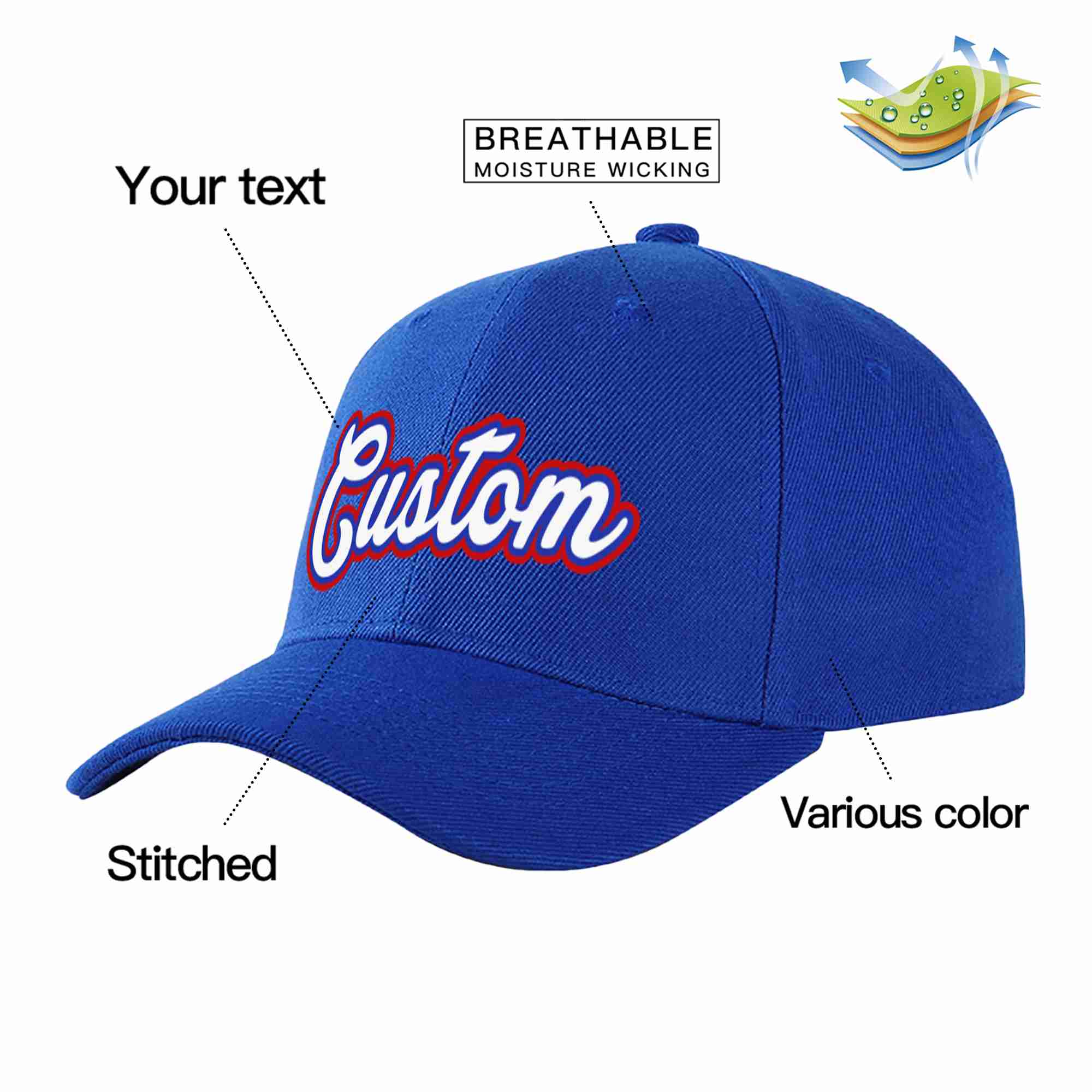 Casquette de baseball personnalisée Royal White-Royal Curved Eaves Sport pour hommes/femmes/jeunes