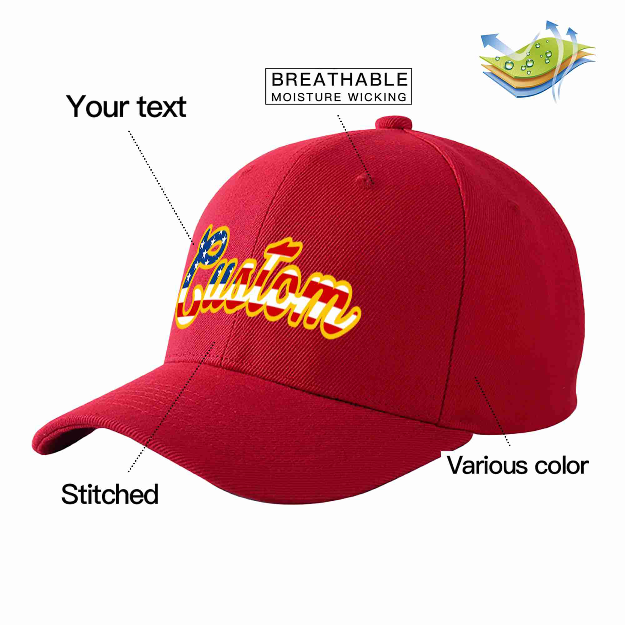 Custom Red Vintage USA Flag-Gold Curved Eaves Sport Baseball Cap Design for Men/Women/Youth