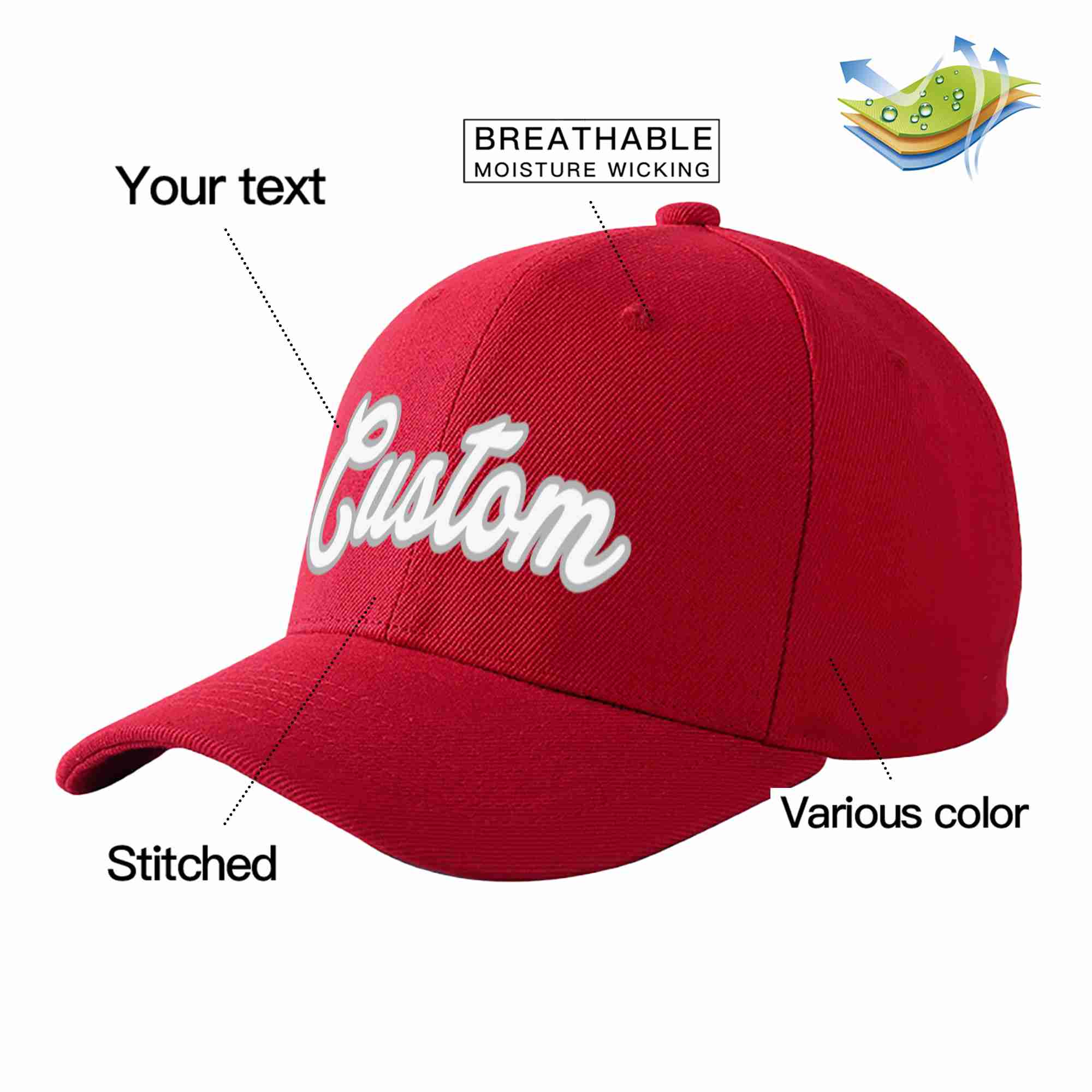 Conception personnalisée de casquette de baseball de sport incurvée rouge blanc-gris pour hommes/femmes/jeunes