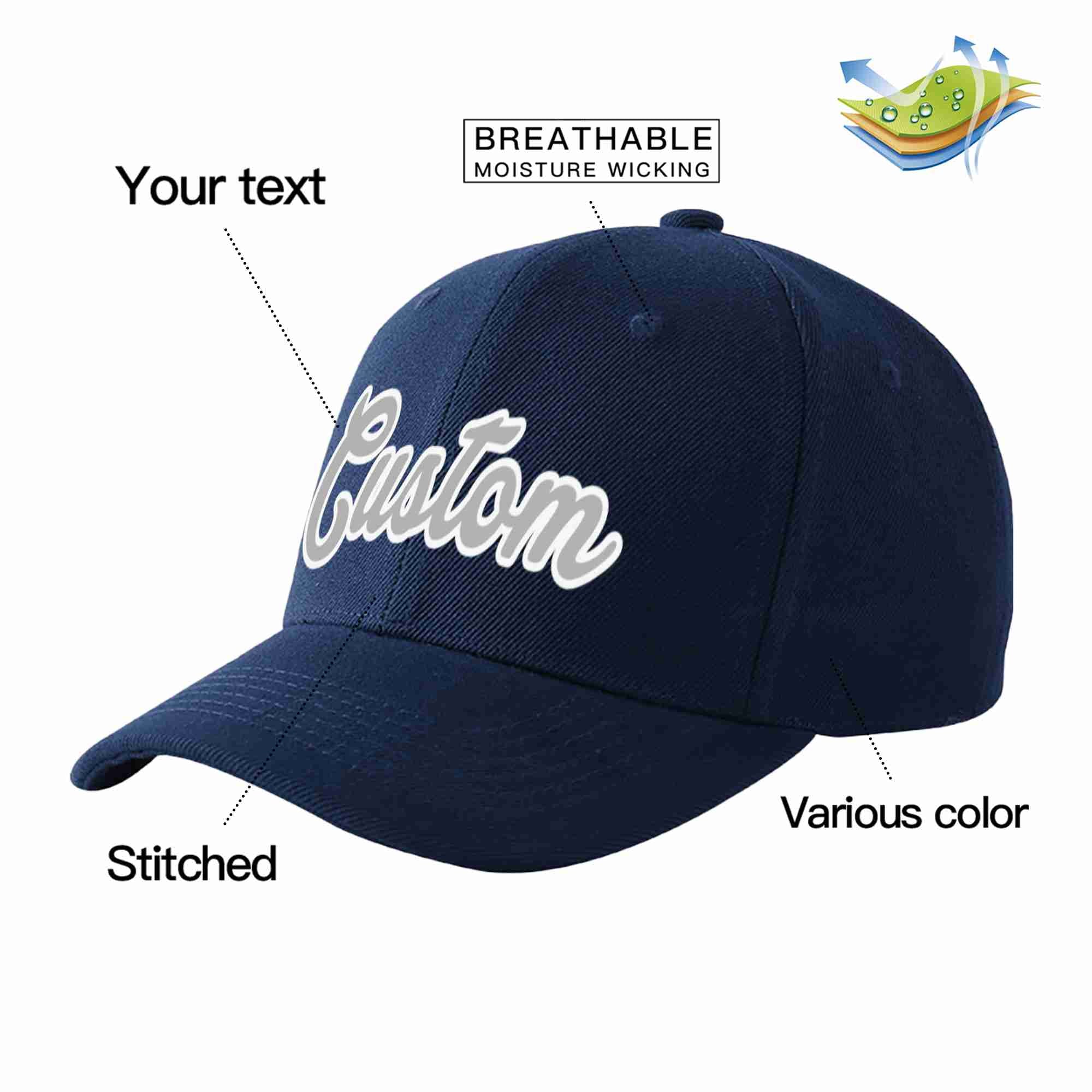 Conception personnalisée de casquette de baseball de sport incurvée gris-blanc marine pour hommes/femmes/jeunes