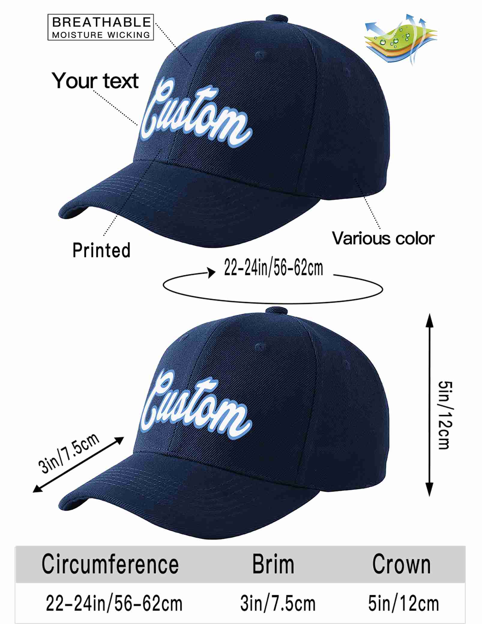 Custom Navy White-Light Blue Curved Eaves Sport Baseball Cap Design for Men/Women/Youth