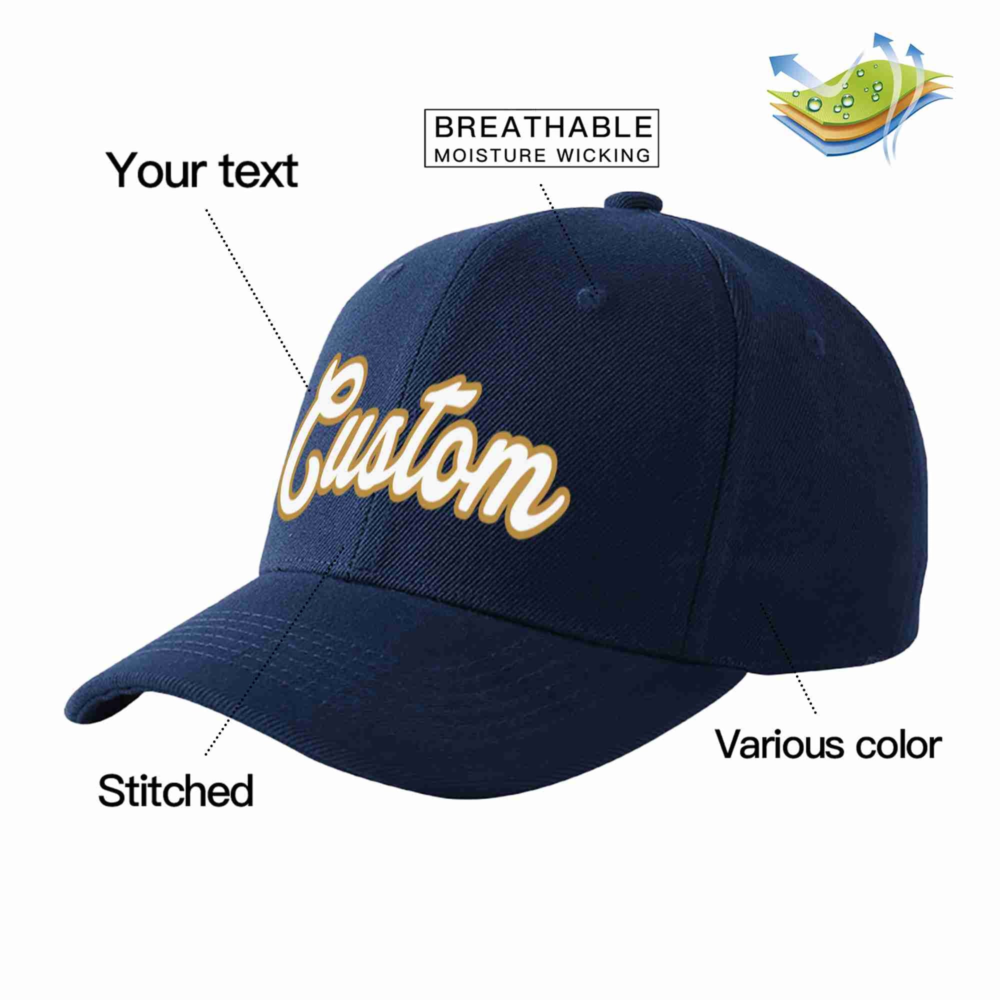 Custom Navy White-Old Gold Curved Eaves Sport Baseball Cap Design for Men/Women/Youth