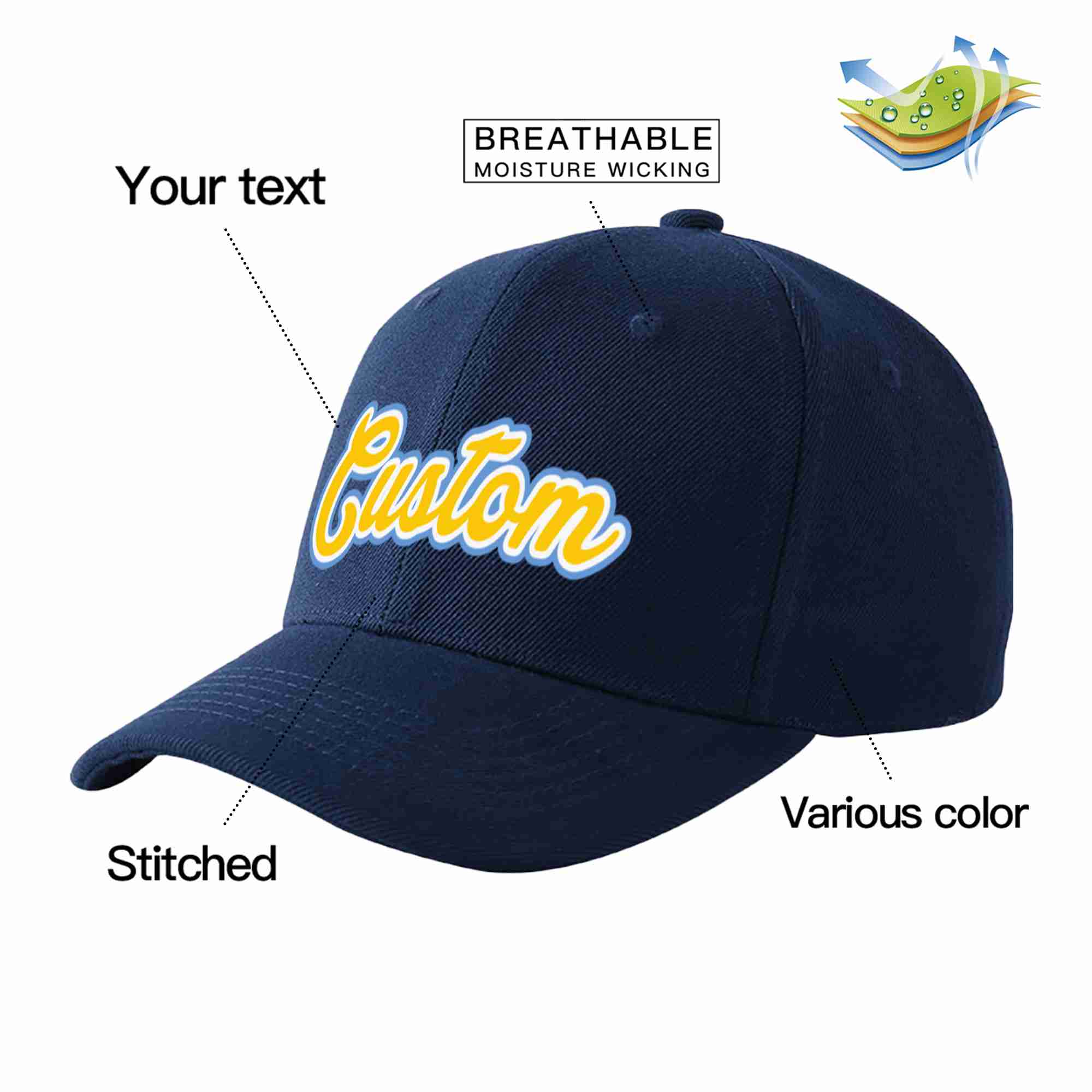 Custom Navy Gold-White Curved Eaves Sport Baseball Cap Design for Men/Women/Youth