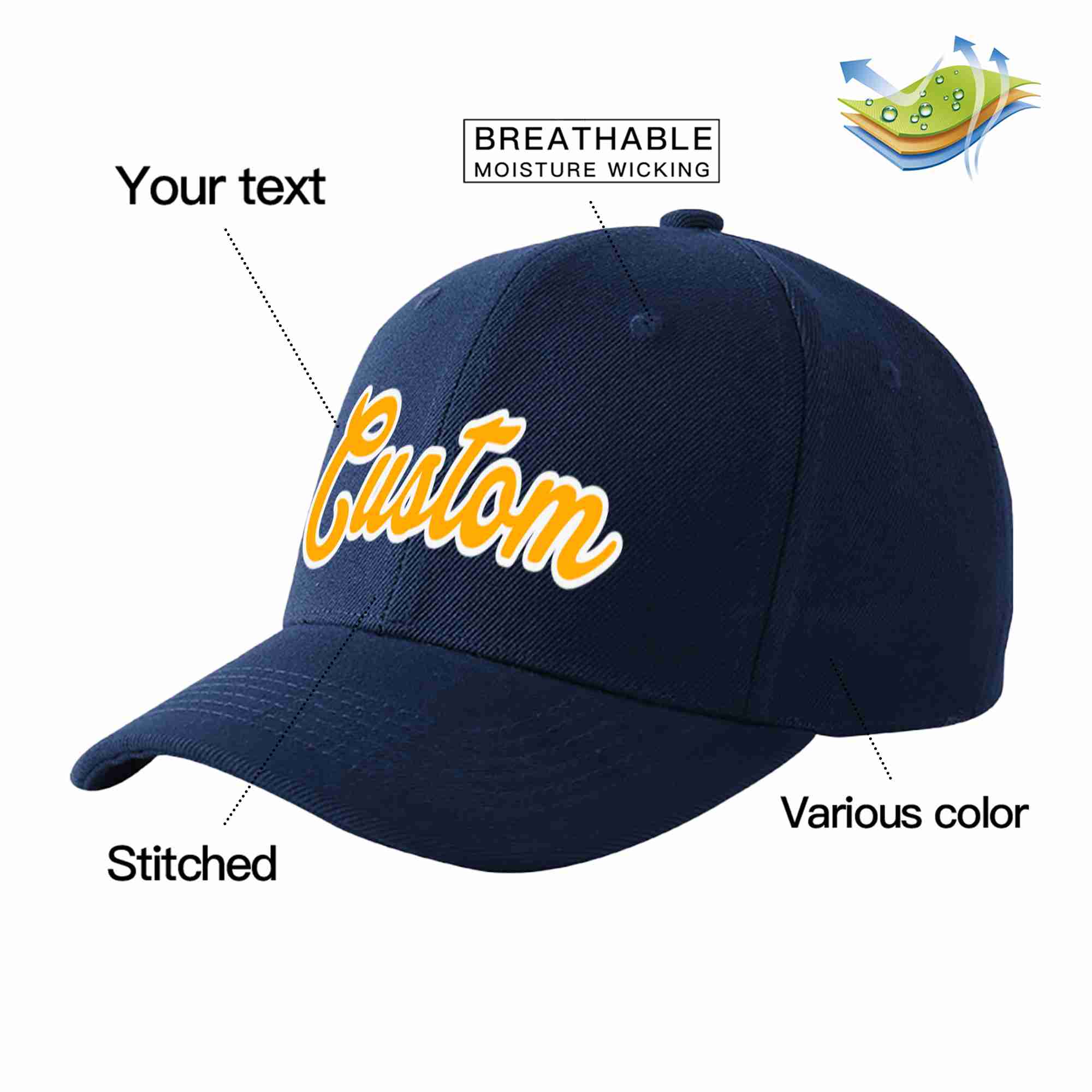 Custom Navy Yellow-White Curved Eaves Sport Baseball Cap Design for Men/Women/Youth