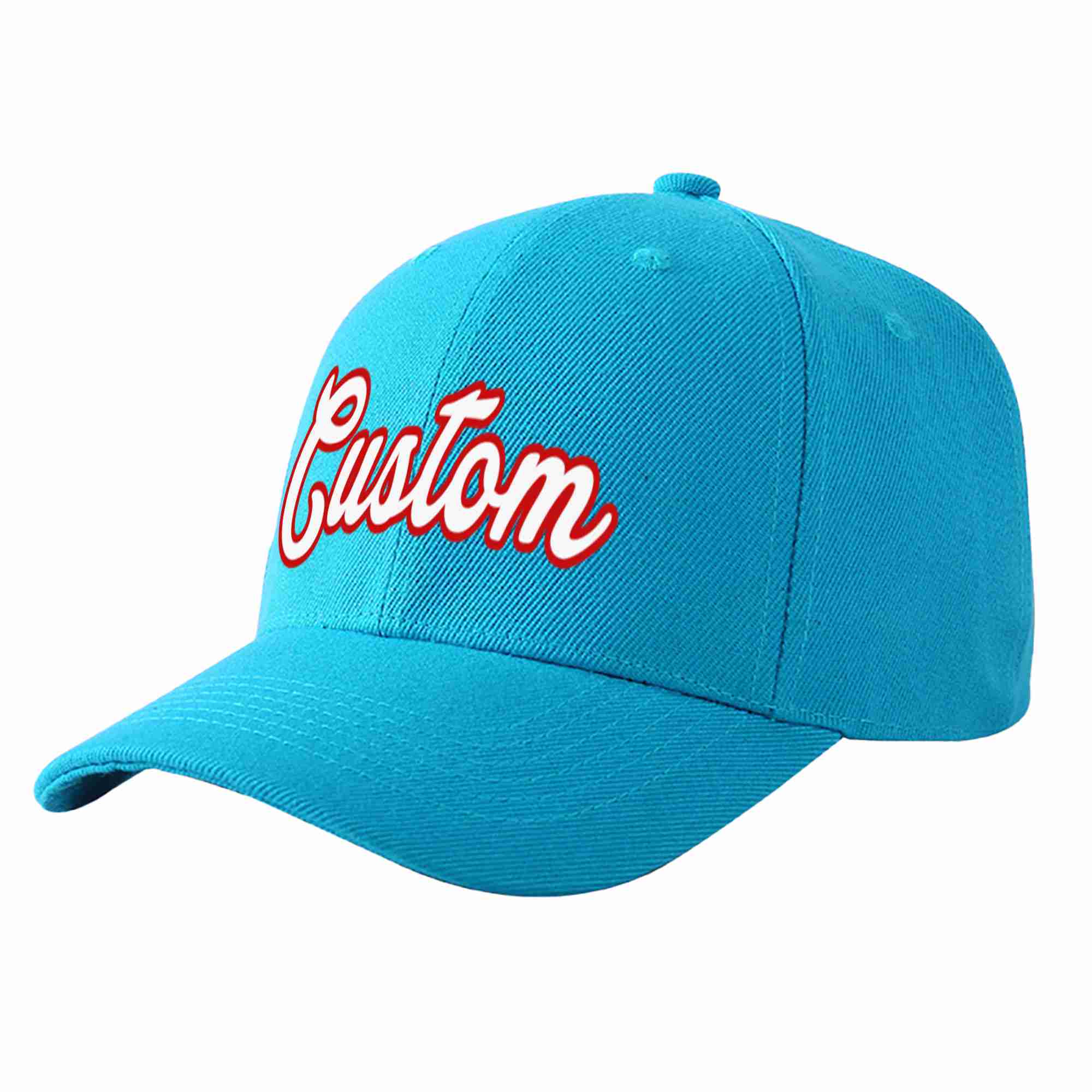 Custom Aqua White-Red Curved Eaves Sport Baseball Cap Design for Men/Women/Youth