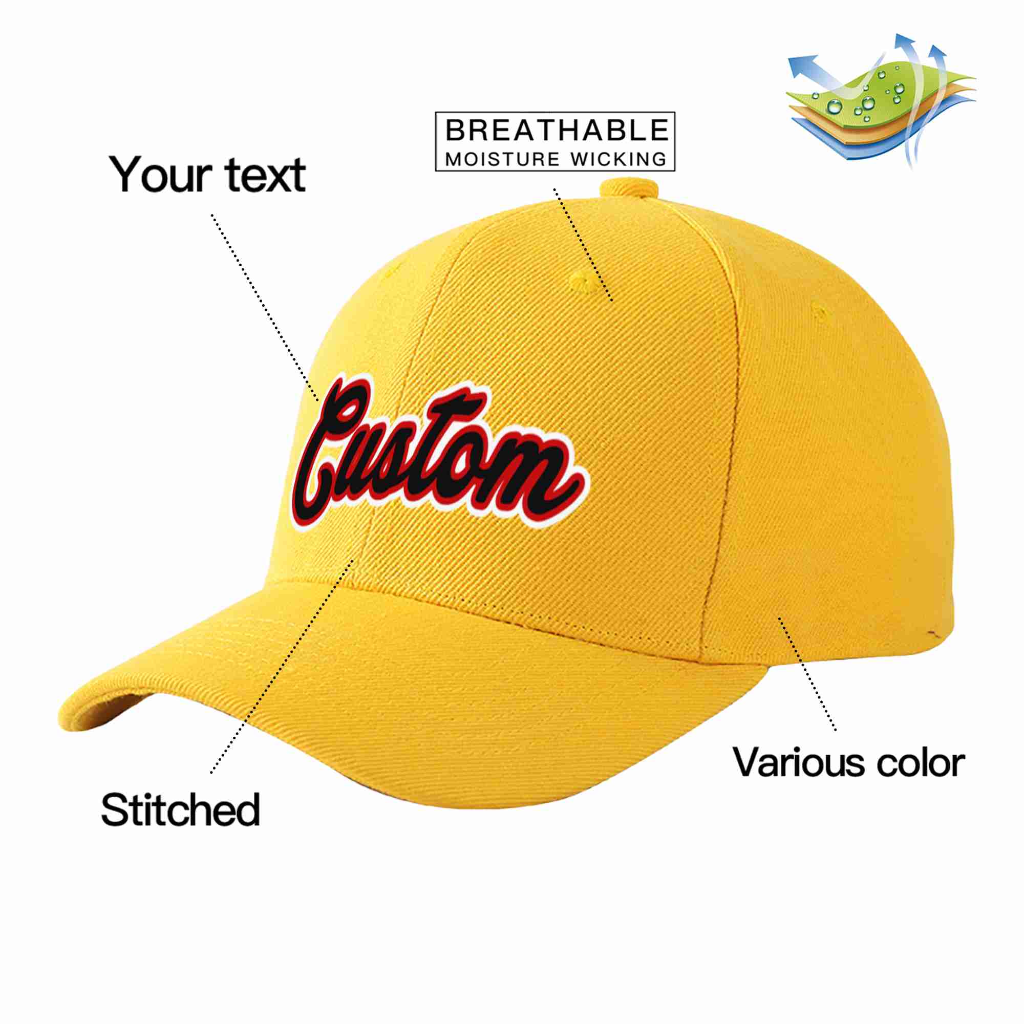 Custom Gold Black-Red Curved Eaves Sport Baseball Cap Design for Men/Women/Youth