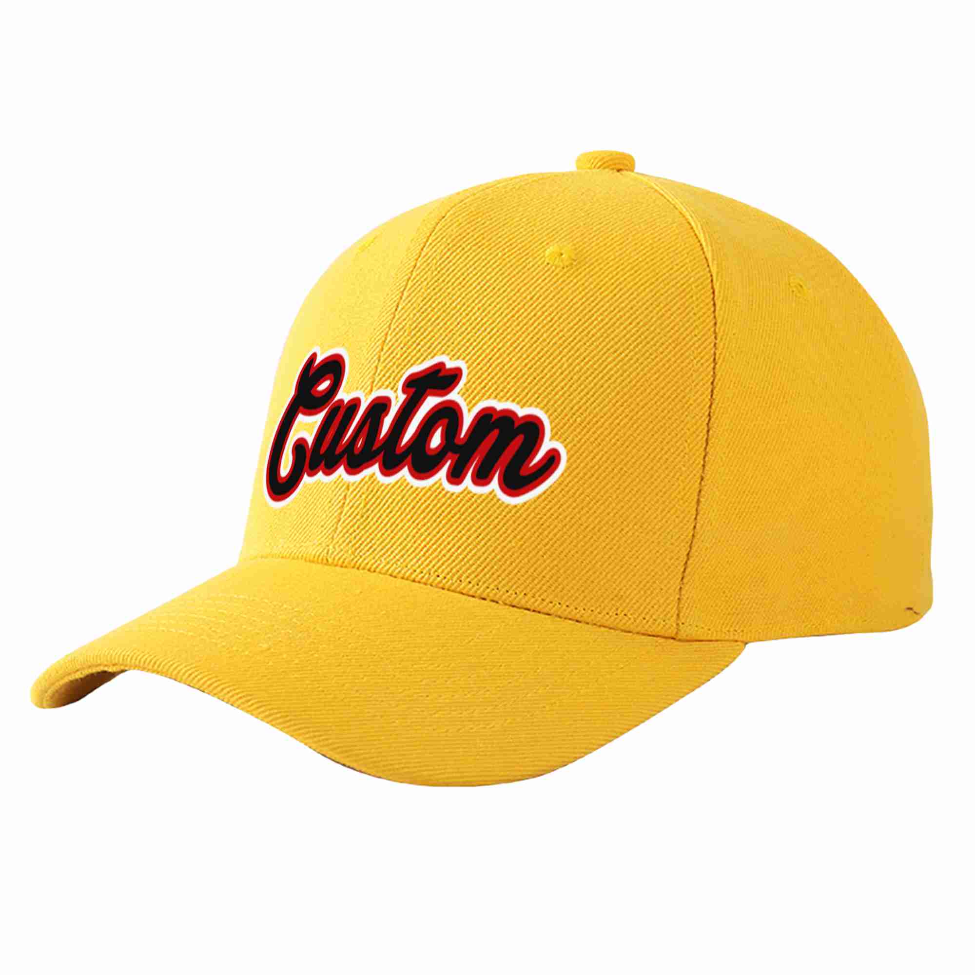 Conception de casquette de baseball de sport incurvée personnalisée en or noir-rouge pour hommes/femmes/jeunes