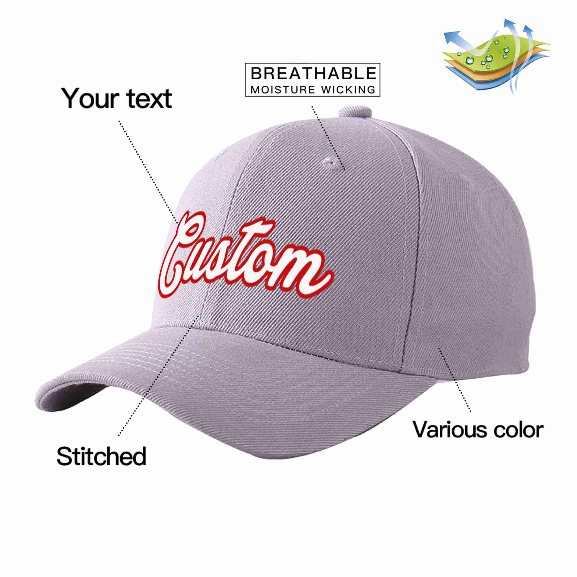 Conception personnalisée de casquette de baseball de sport incurvée gris blanc-rouge pour hommes/femmes/jeunes