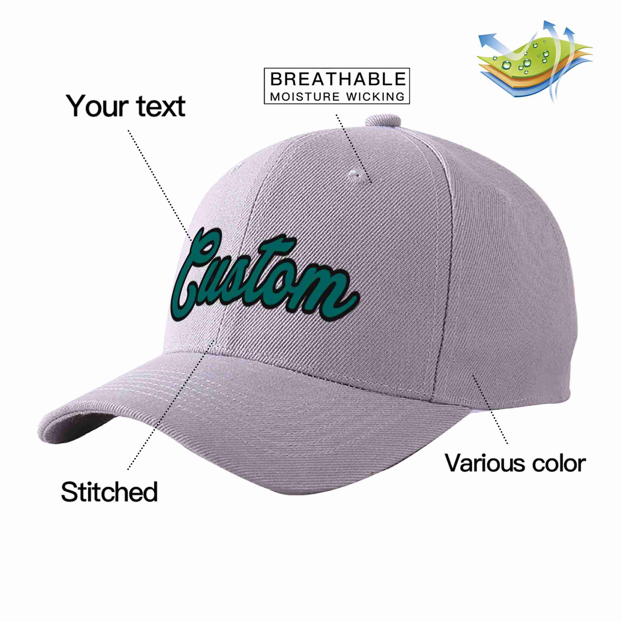 Conception personnalisée de casquette de baseball de sport incurvée gris aqua-noir pour hommes/femmes/jeunes