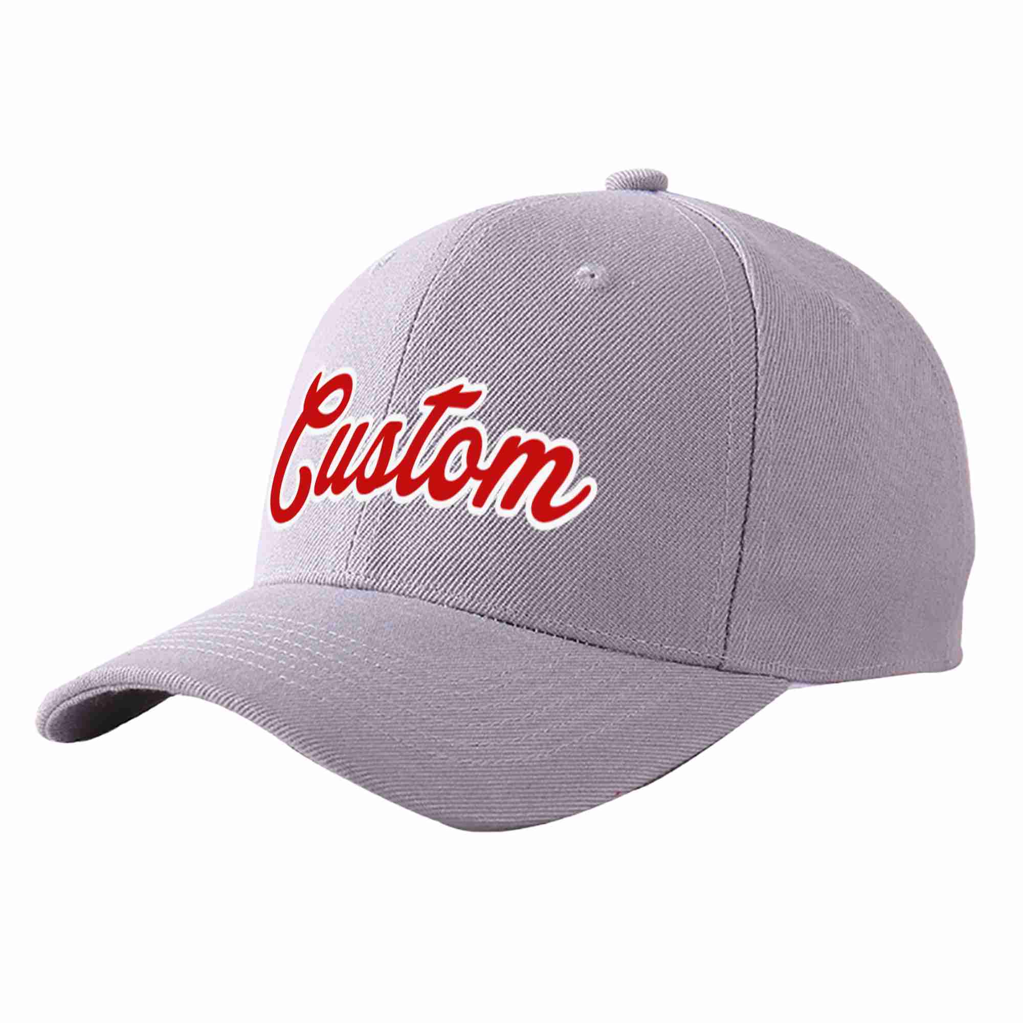 Conception personnalisée de casquette de baseball de sport courbée gris rouge-blanc pour hommes/femmes/jeunes