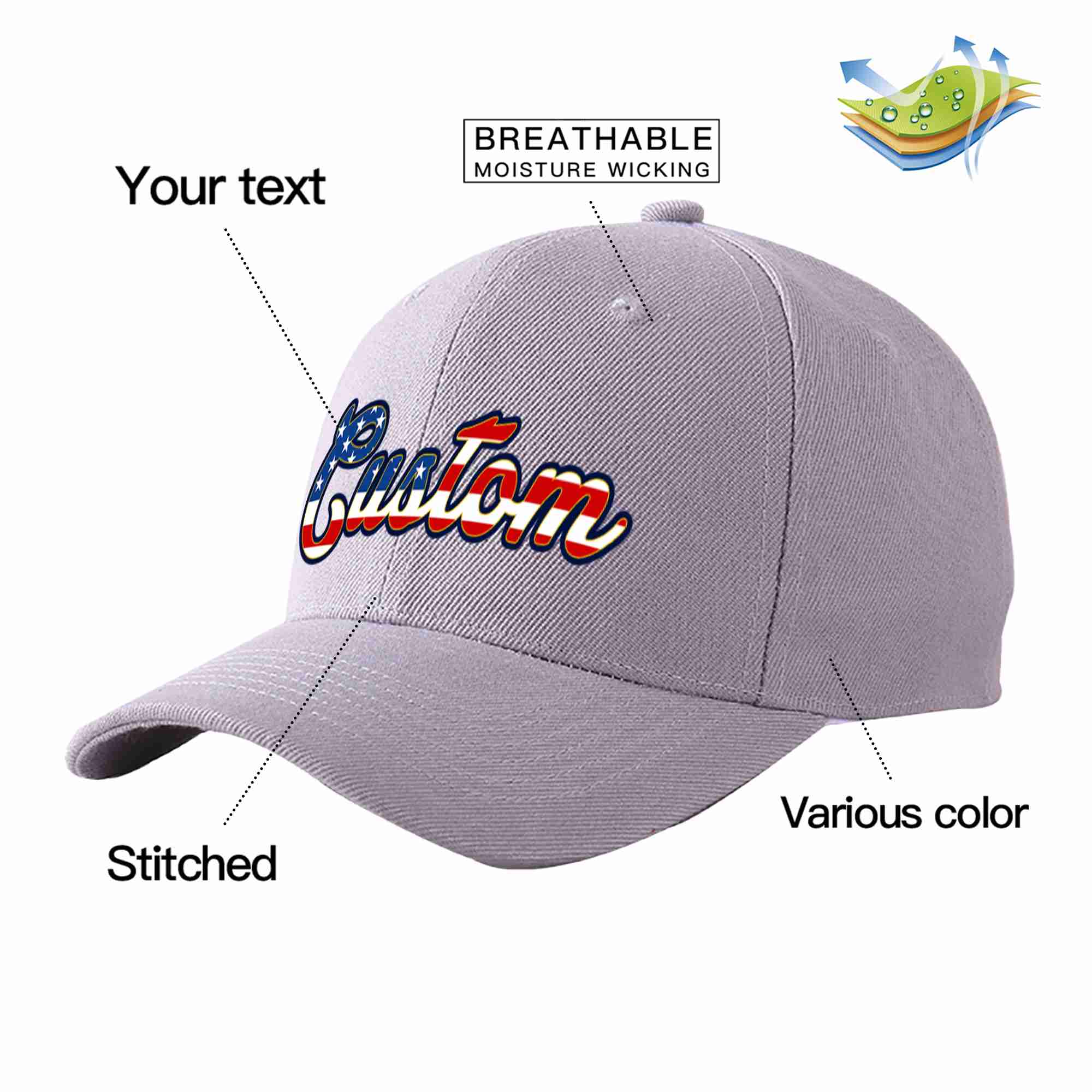 Casquette de baseball de sport avec avant-toit incurvé gris personnalisé, drapeau américain Vintage, or, conception pour hommes/femmes/jeunes