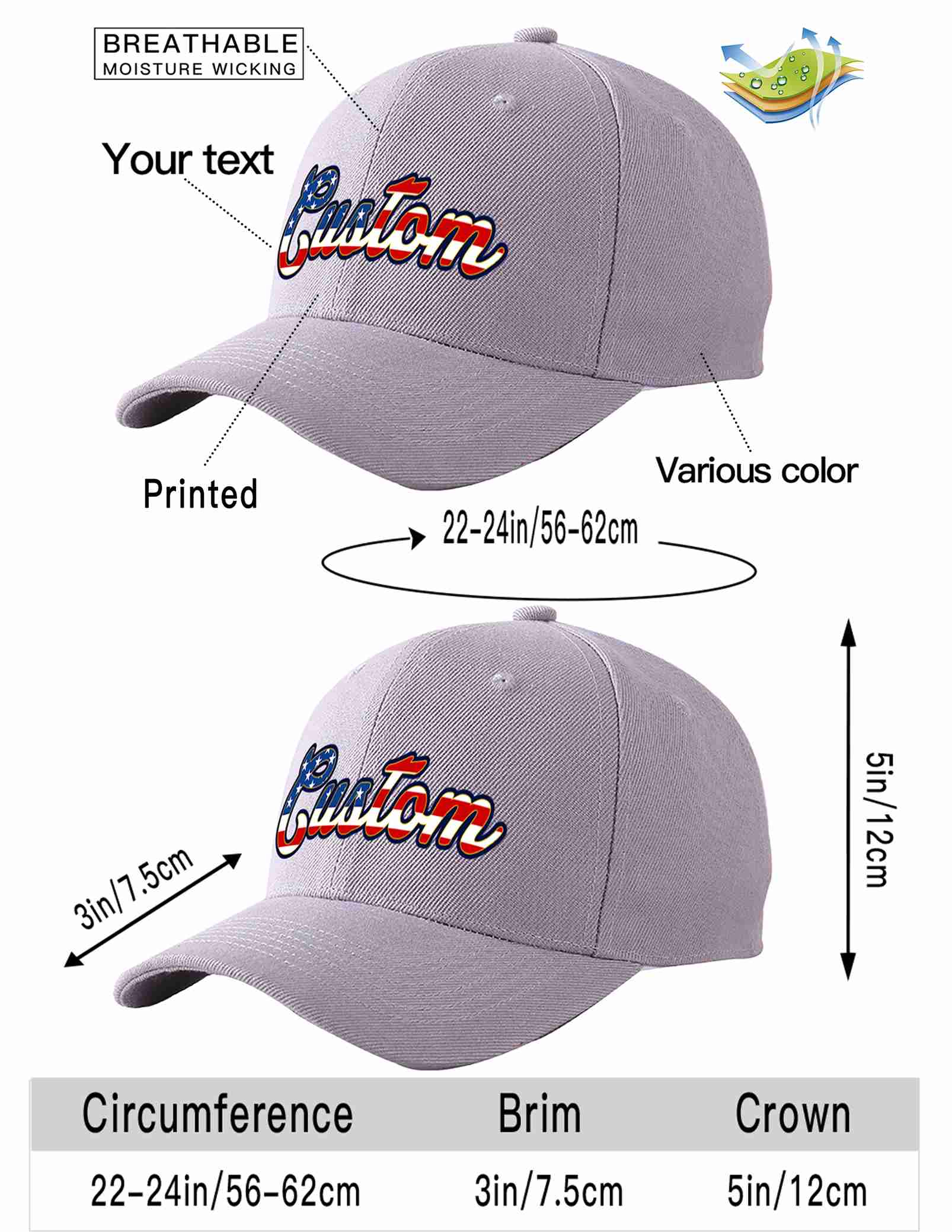 Custom Gray Vintage USA Flag-Gold Curved Eaves Sport Baseball Cap Design for Men/Women/Youth