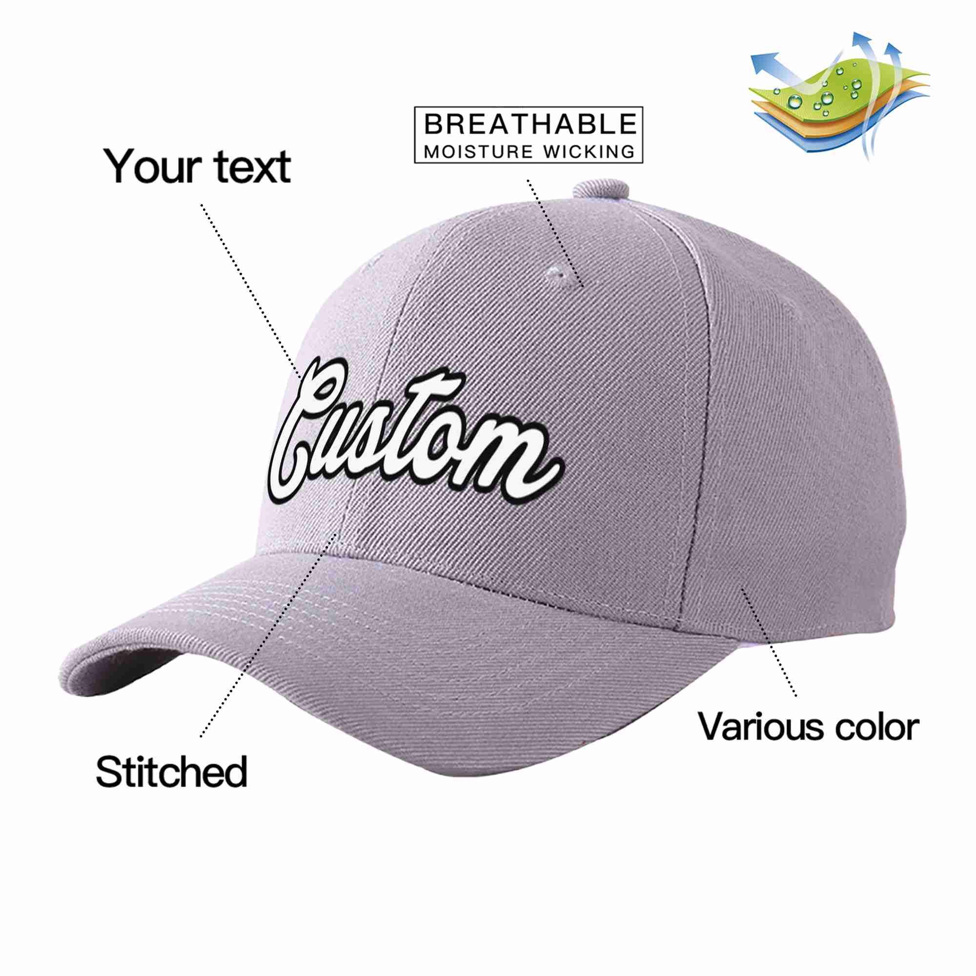 Conception personnalisée de casquette de baseball de sport incurvée gris blanc-noir pour hommes/femmes/jeunes