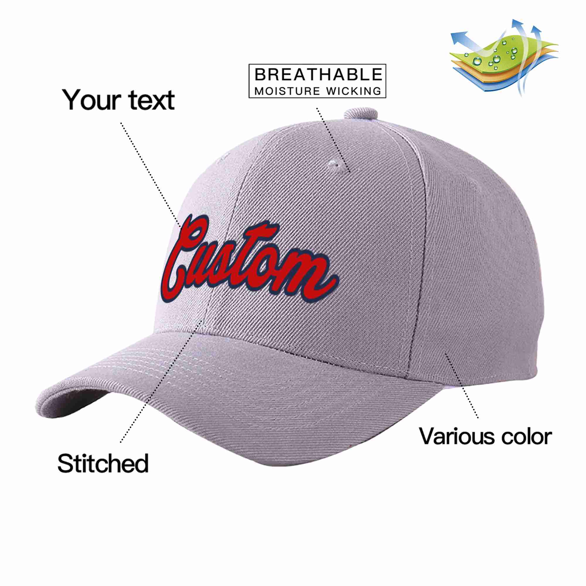 Custom Gray Red-Navy Curved Eaves Sport Baseball Cap Design for Men/Women/Youth