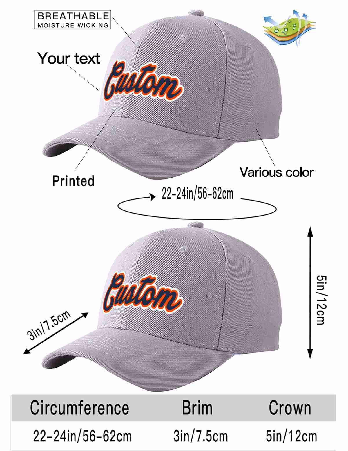 Conception personnalisée de casquette de baseball de sport incurvée gris marine-orange pour hommes/femmes/jeunes