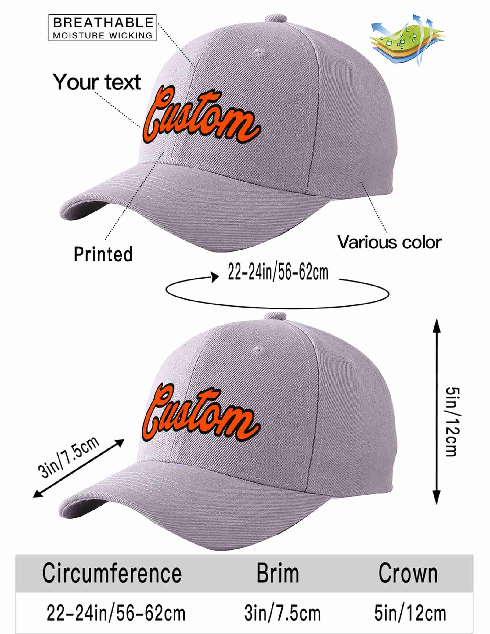 Custom Gray Orange-Black Curved Eaves Sport Baseball Cap Design for Men/Women/Youth