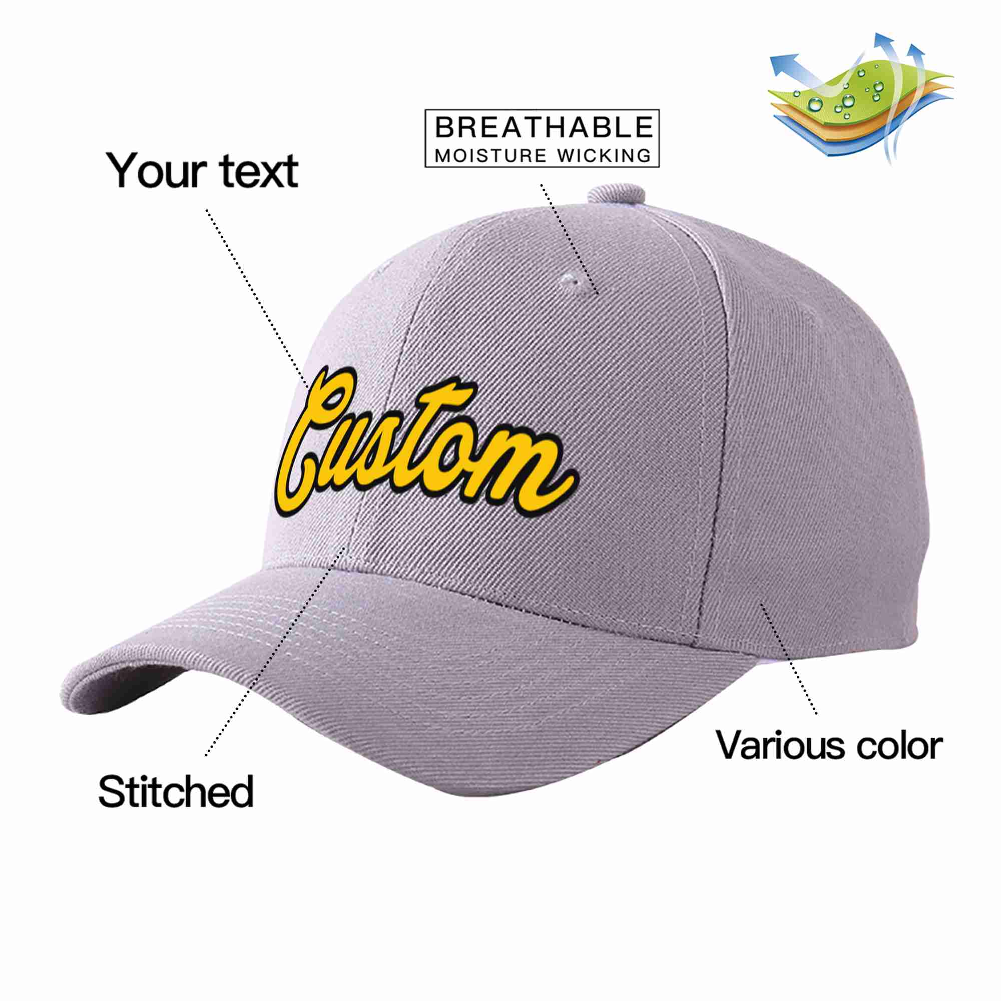 Custom Gray Gold-Black Curved Eaves Sport Baseball Cap Design for Men/Women/Youth