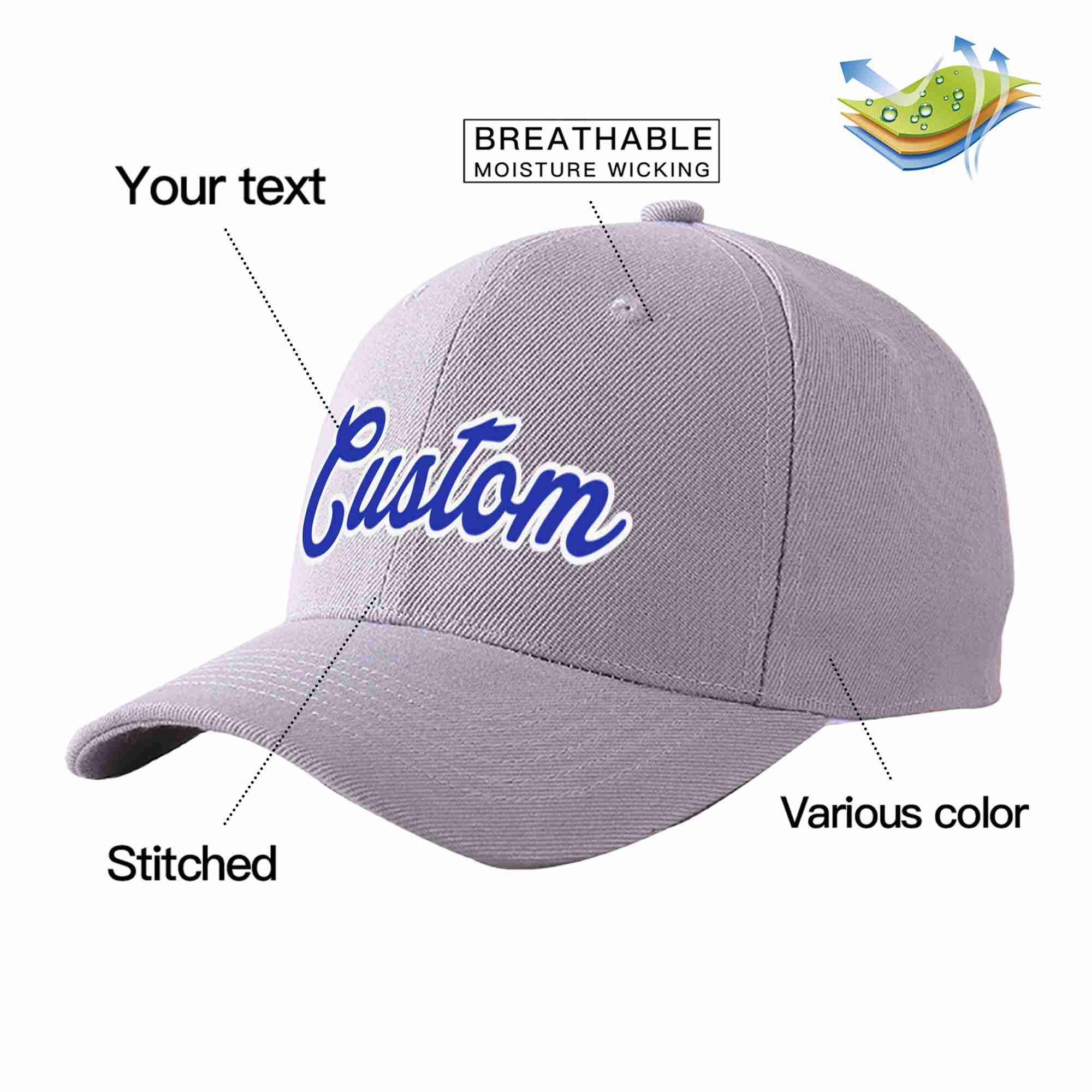 Custom Gray Royal-White Curved Eaves Sport Baseball Cap Design for Men/Women/Youth