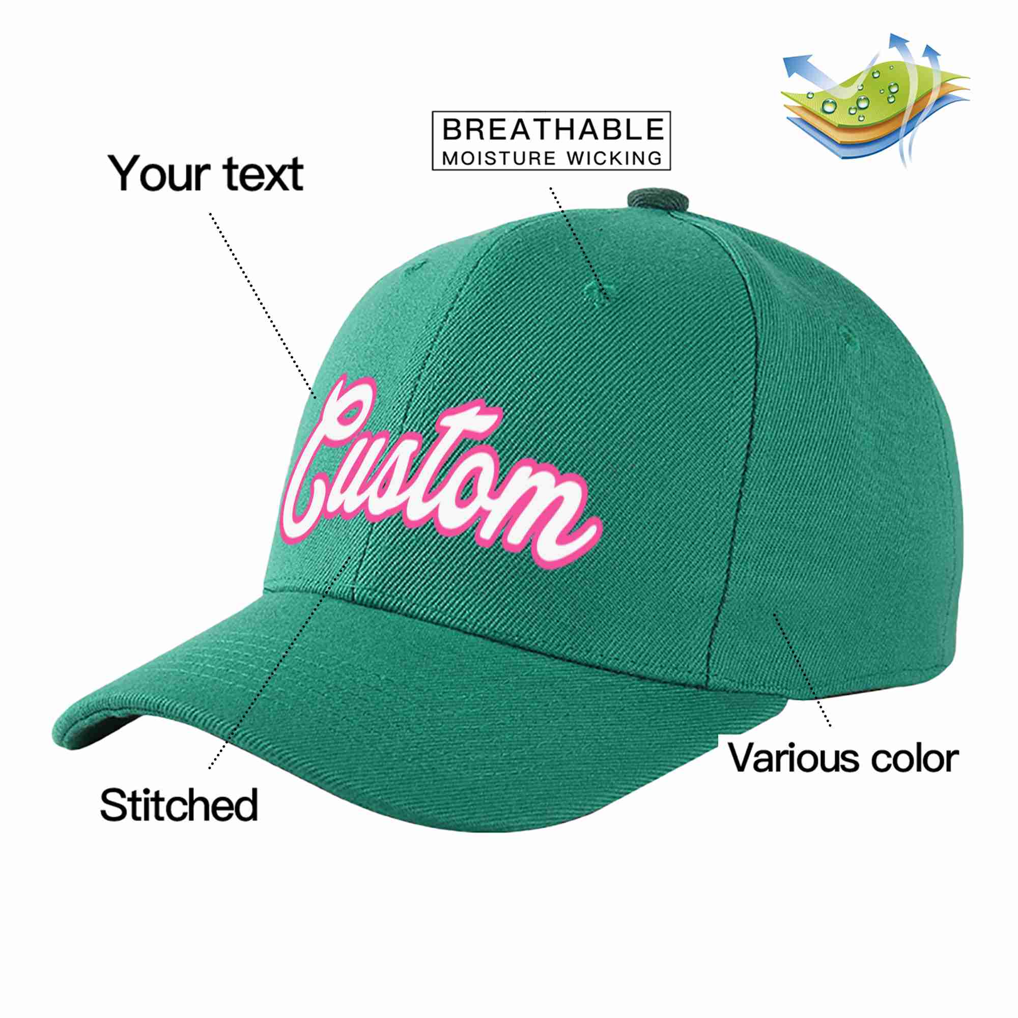 Custom Light Green White-Pink Curved Eaves Sport Baseball Cap Design for Men/Women/Youth