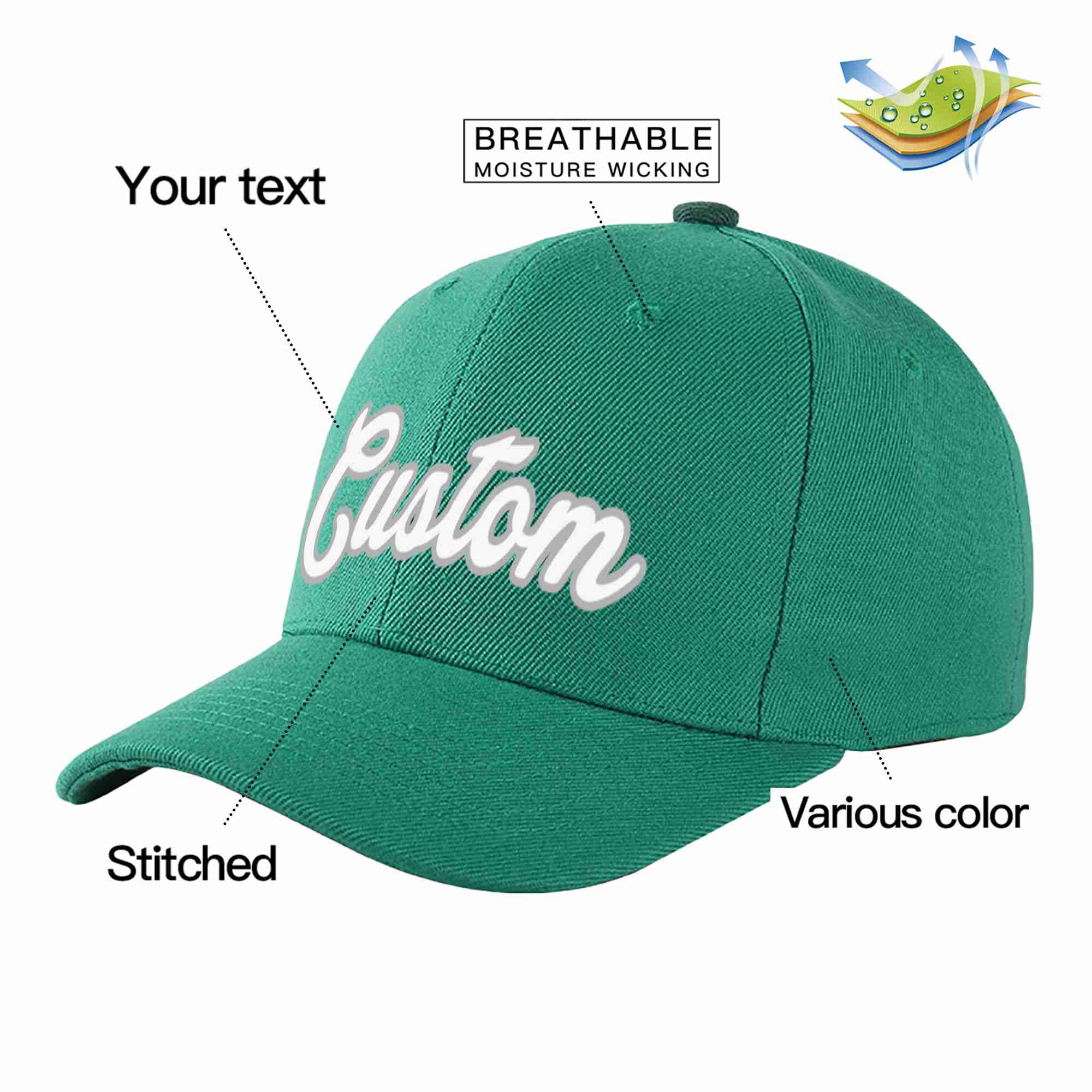 Custom Light Green White-Gray Curved Eaves Sport Baseball Cap Design for Men/Women/Youth