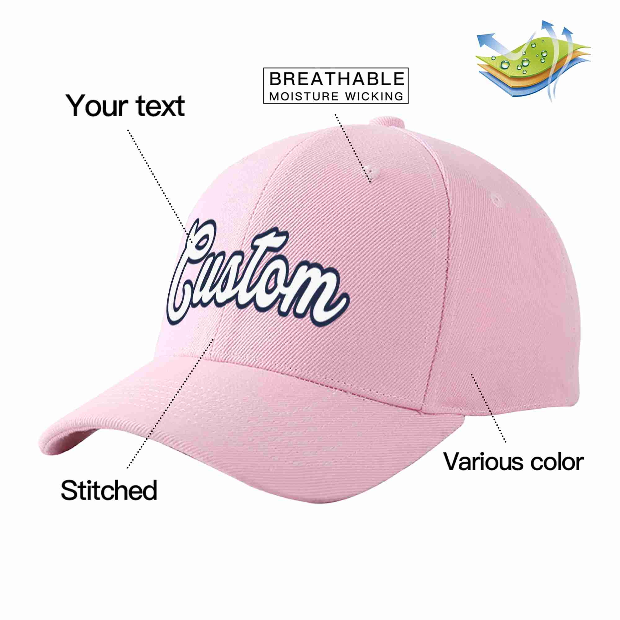 Conception personnalisée de casquette de baseball de sport incurvée rose blanc-marine pour hommes/femmes/jeunes