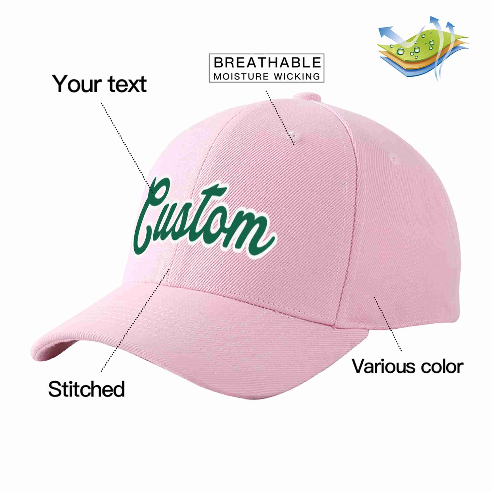 Custom Pink Kelly Green-White Curved Eaves Sport Baseball Cap Design for Men/Women/Youth