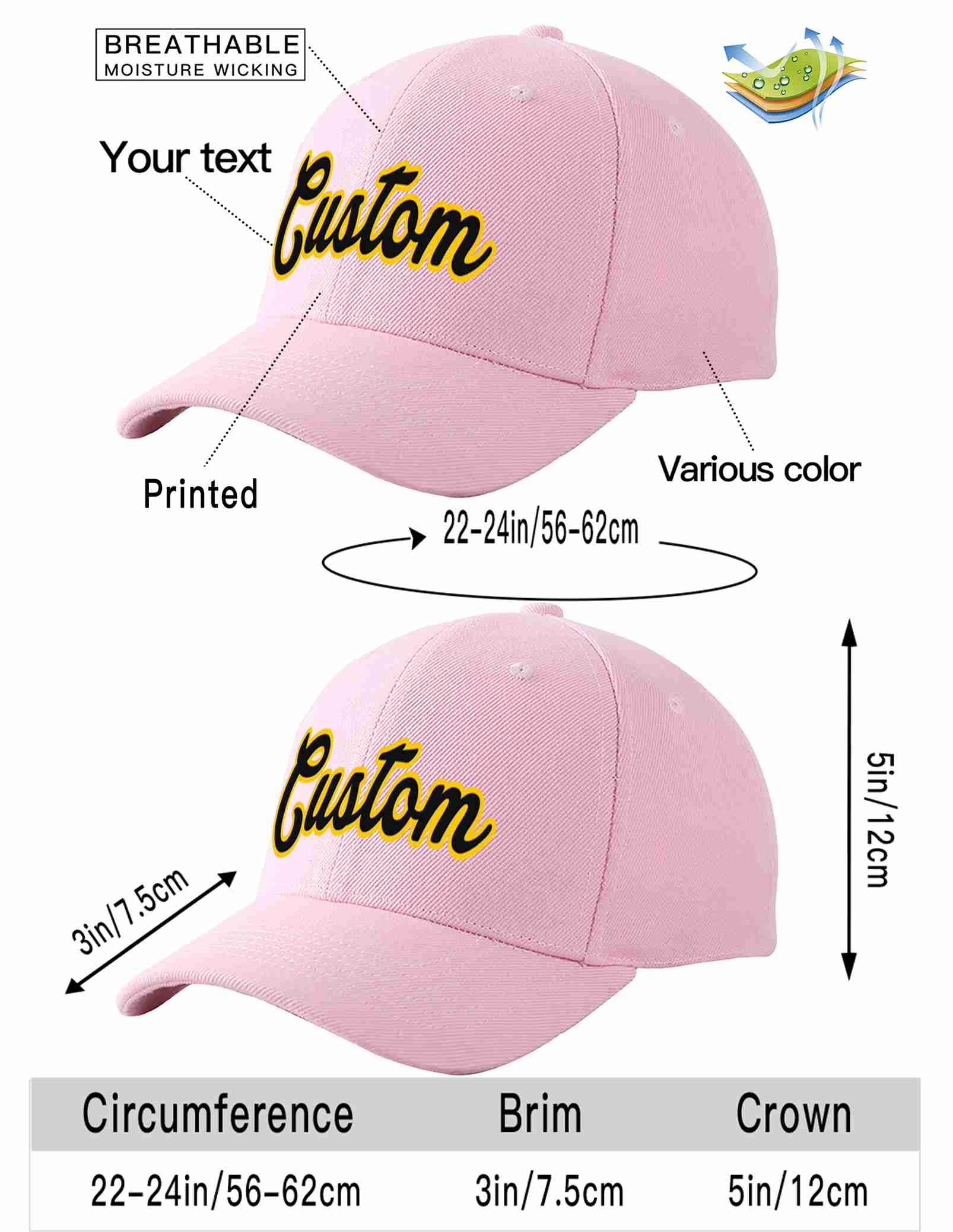 Custom Pink Black-Gold Curved Eaves Sport Baseball Cap Design for Men/Women/Youth