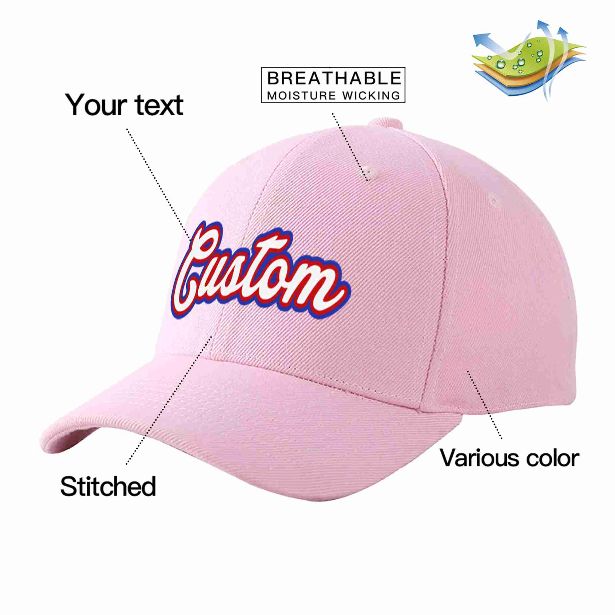 Conception personnalisée de casquette de baseball de sport incurvée rose blanc-rouge pour hommes/femmes/jeunes