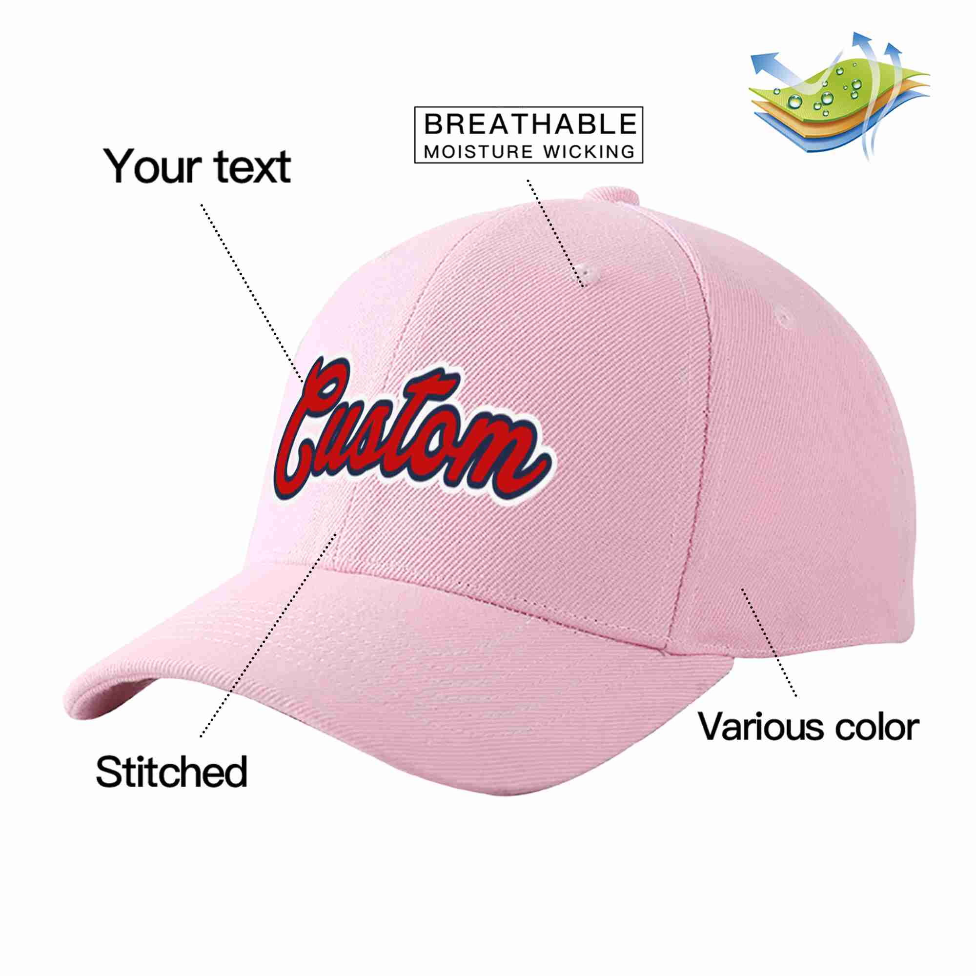 Conception personnalisée de casquette de baseball de sport incurvée rose rouge-marine pour hommes/femmes/jeunes