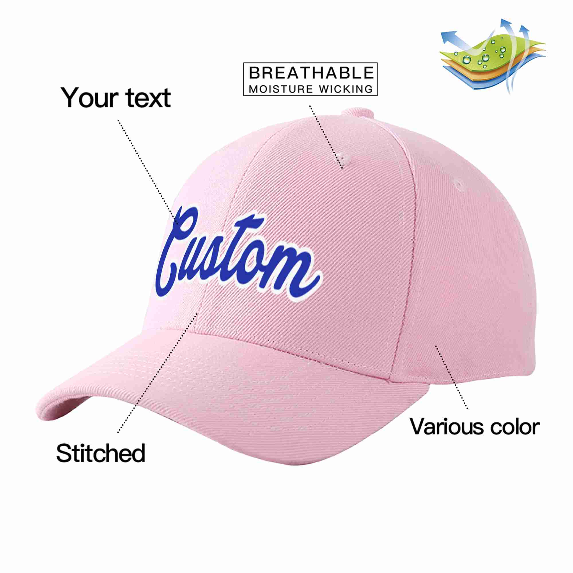 Conception personnalisée de casquette de baseball de sport incurvée rose royal-blanc pour hommes/femmes/jeunes