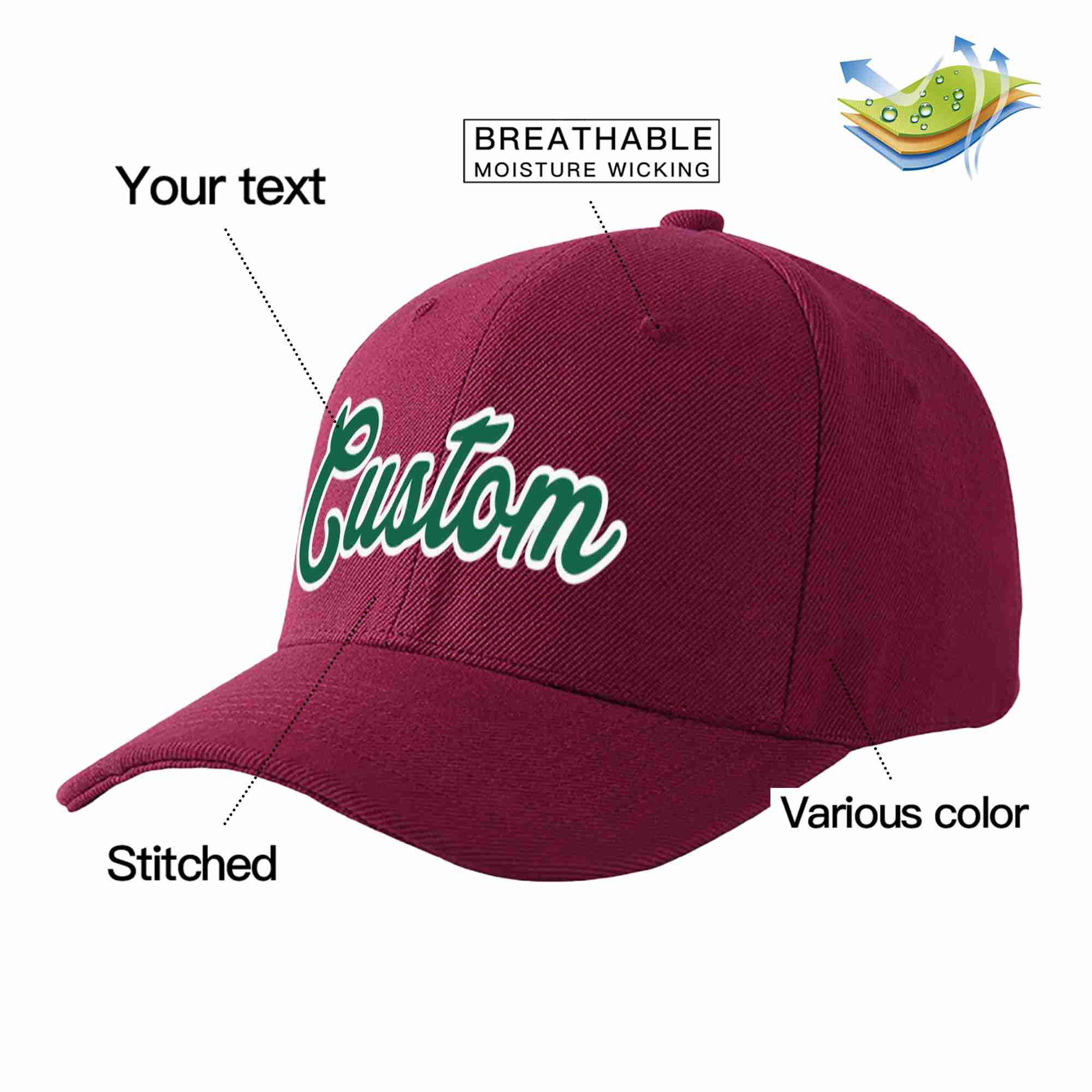 Custom Red Wine Kelly Green-White Curved Eaves Sport Baseball Cap Design for Men/Women/Youth