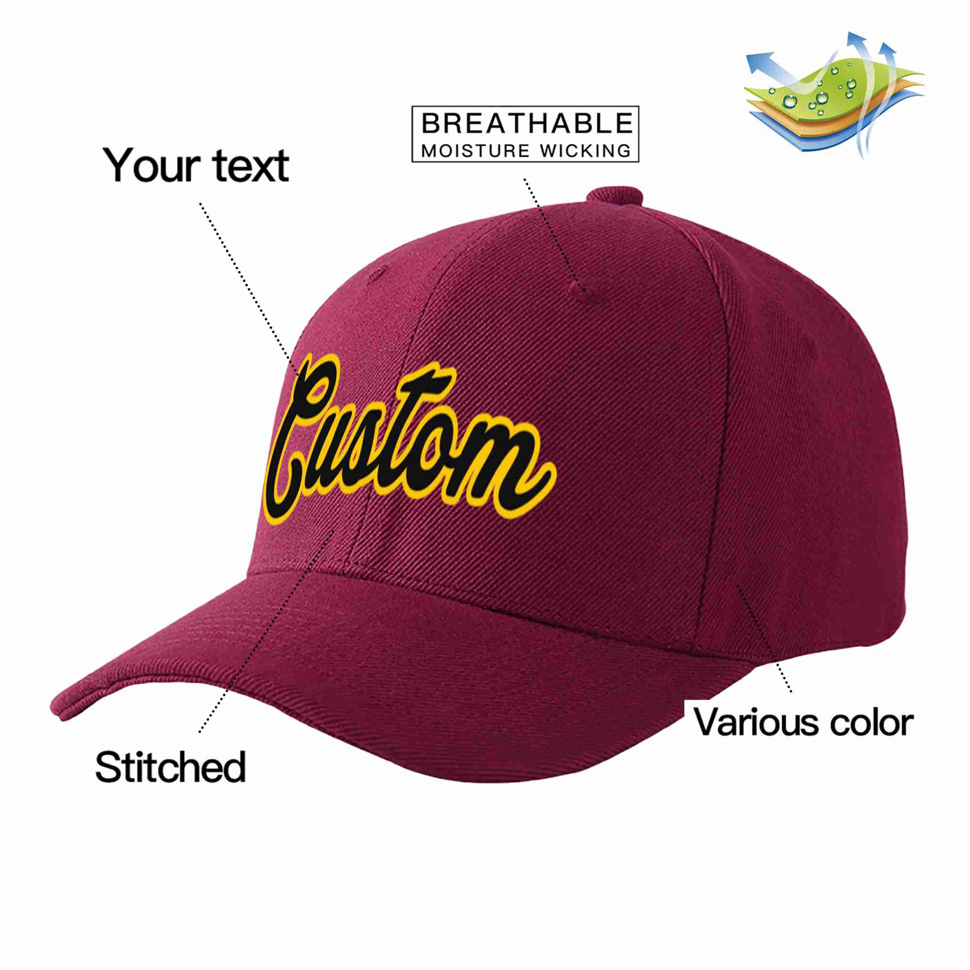 Conception personnalisée de casquette de baseball de sport à avant-toit incurvé noir-or de vin rouge pour hommes/femmes/jeunes