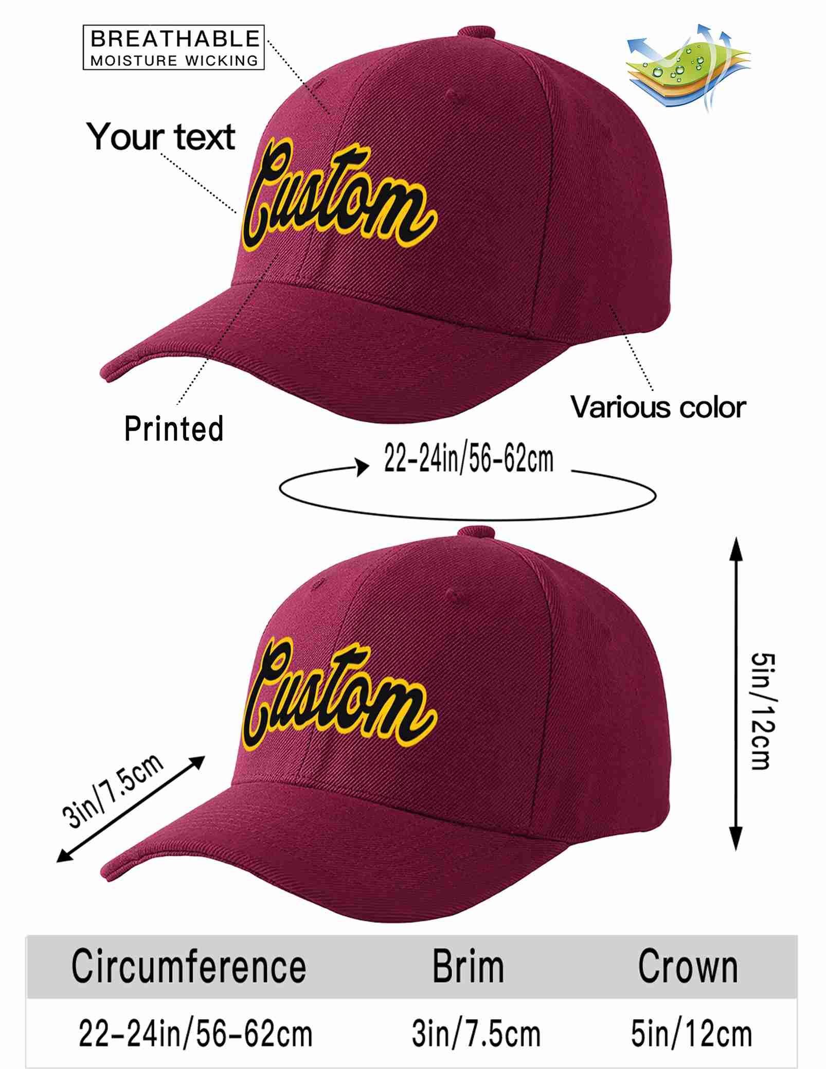 Custom Red Wine Black-Gold Curved Eaves Sport Baseball Cap Design for Men/Women/Youth