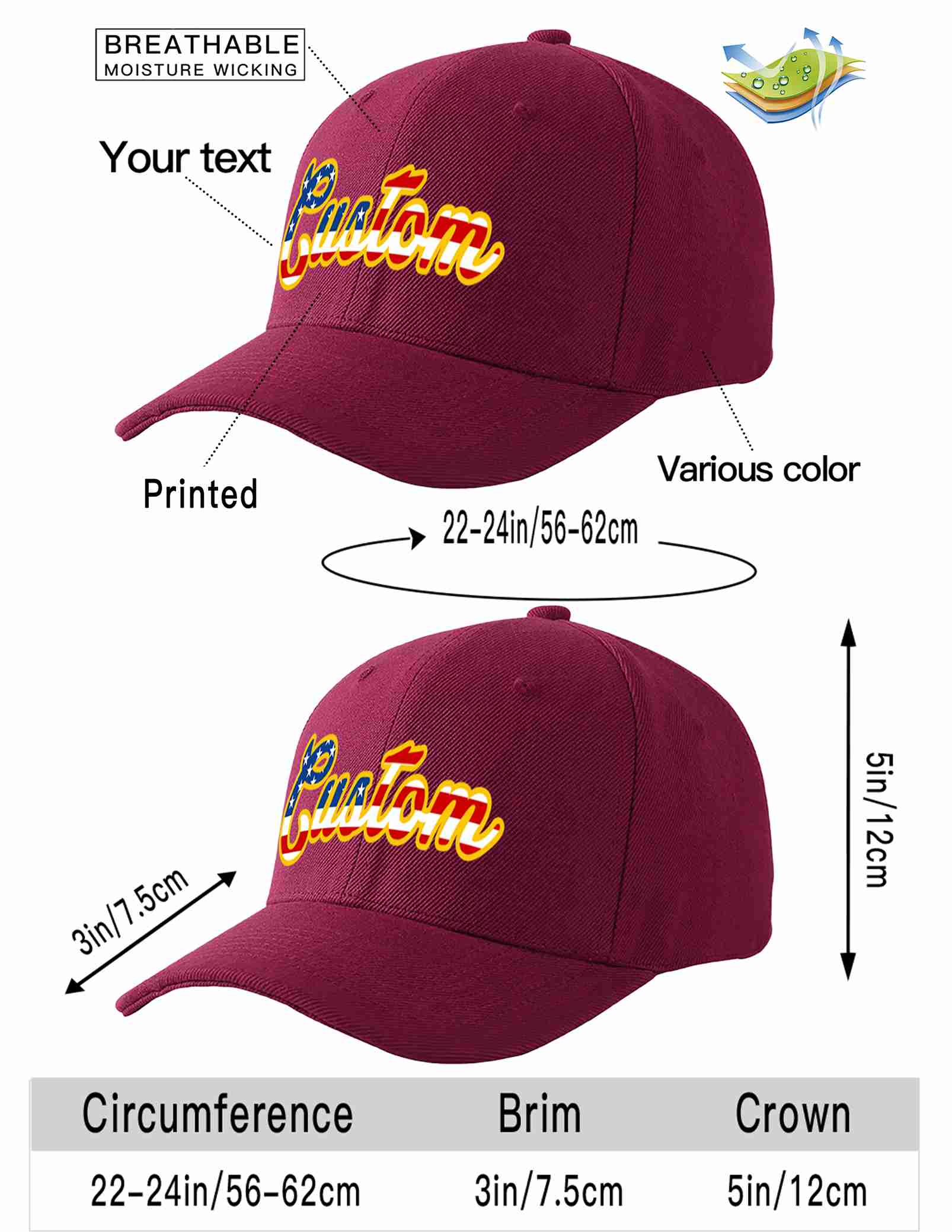 Custom Red Wine Vintage USA Flag-Gold Curved Eaves Sport Baseball Cap Design for Men/Women/Youth